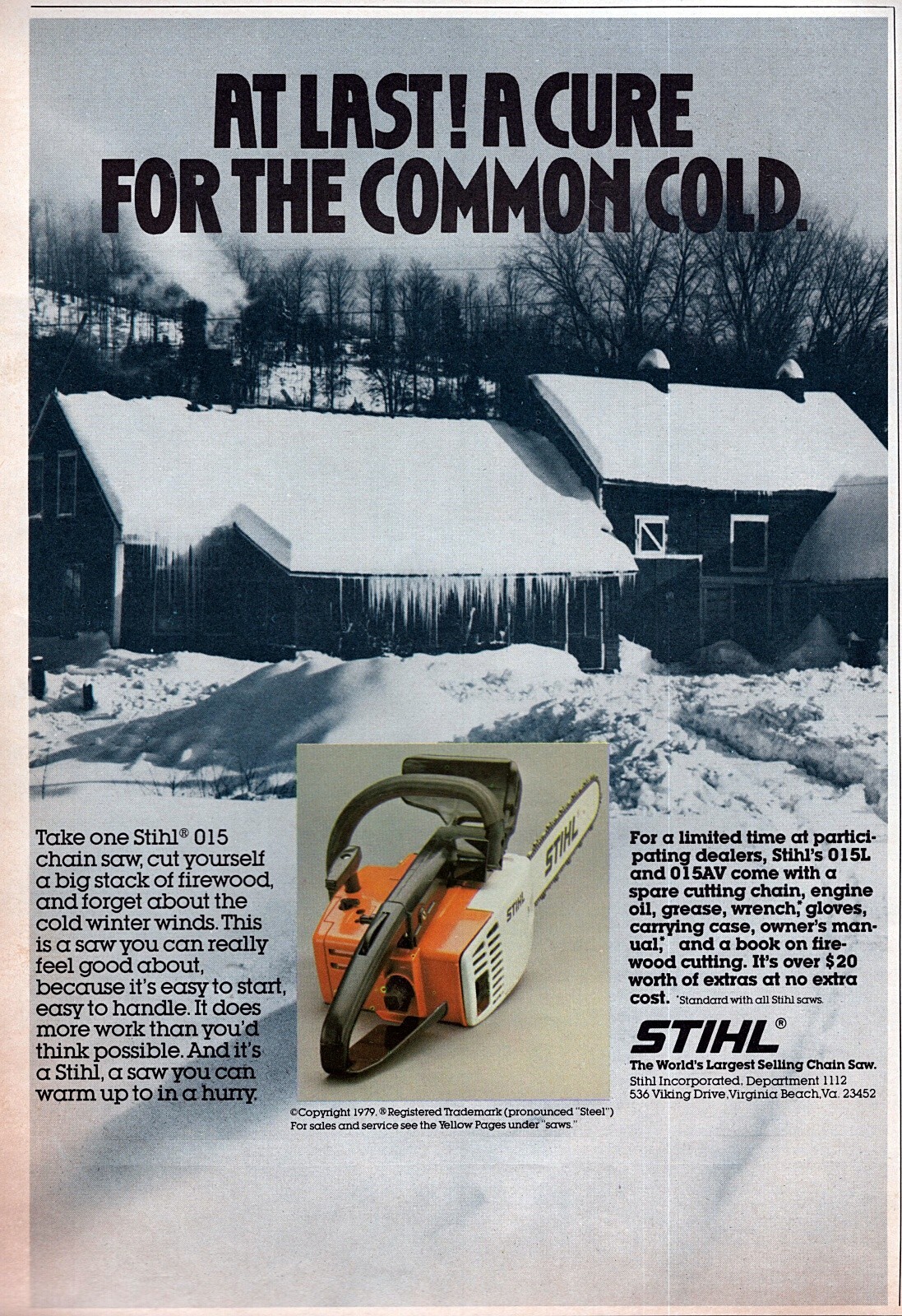 1979 Stihl 015 Chainsaw “At Last” Original Rare Color Print Ad