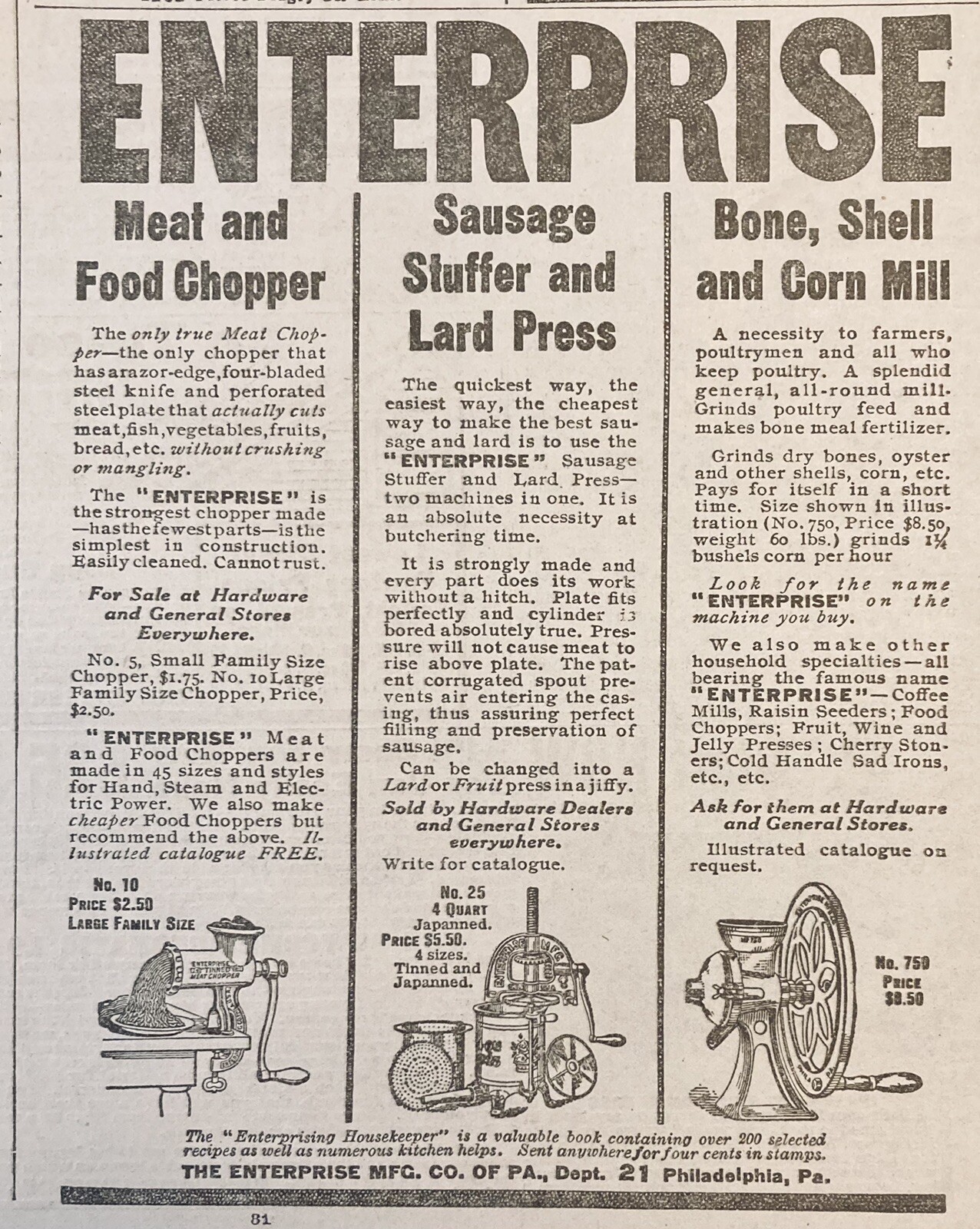 1909 AD.(XH10)~ENTERPRISE MFG. CO. PHIL. FOOD CHOPPER, LARD PRESS & CORN MILL~