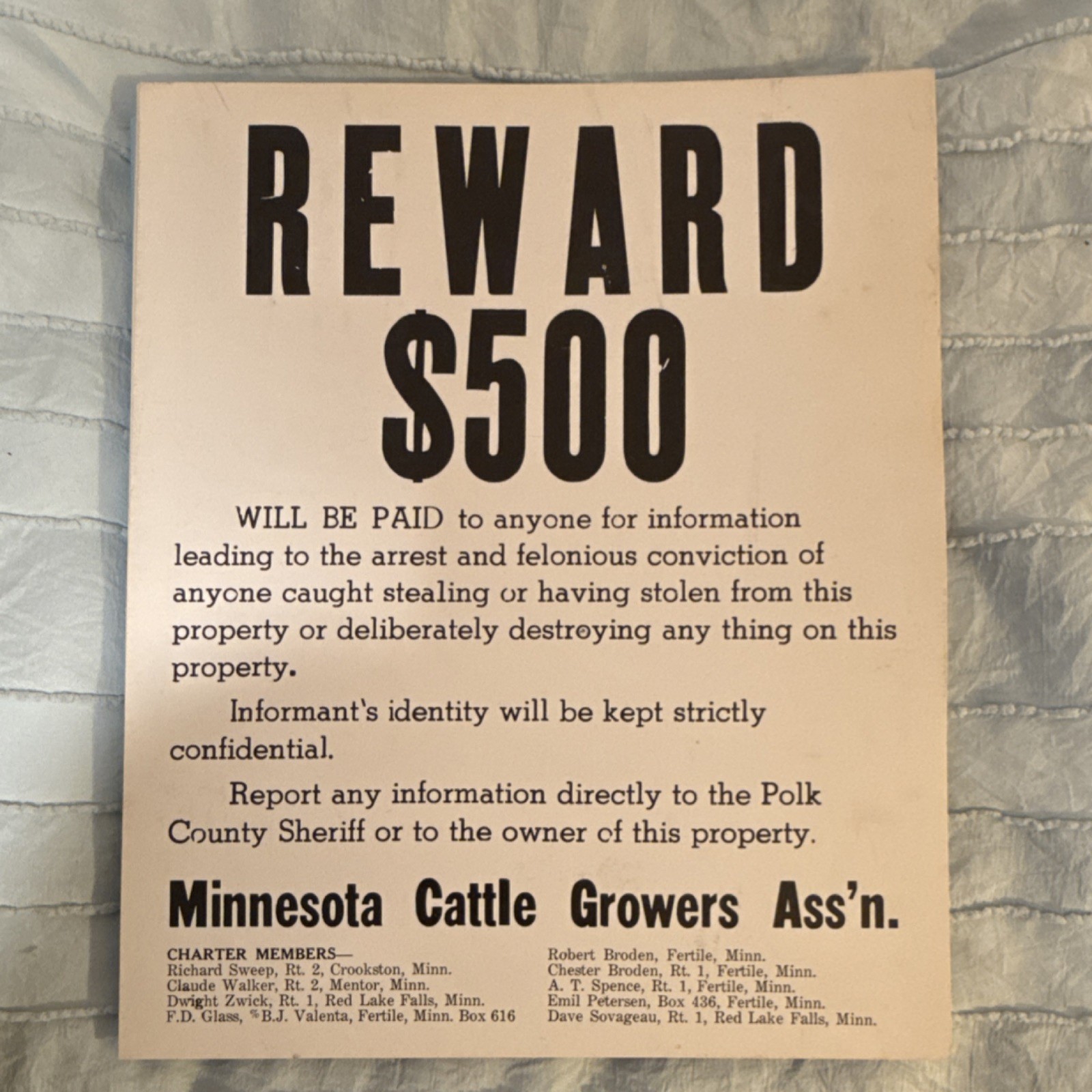 Minnesota Cattle Growers Ass’n $500 Reward Agriculture Sign