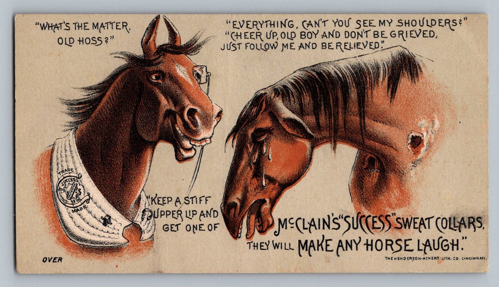 Antique McClain’s Success Sweat Collars Horse Humor Trade Card Cincinnati Ad