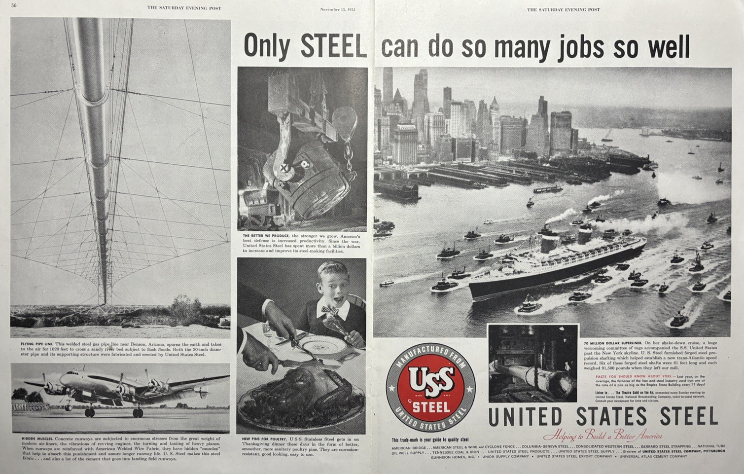 1952 United States Steel Build Better America Superliner S.S. U.S. VTG Print Ad