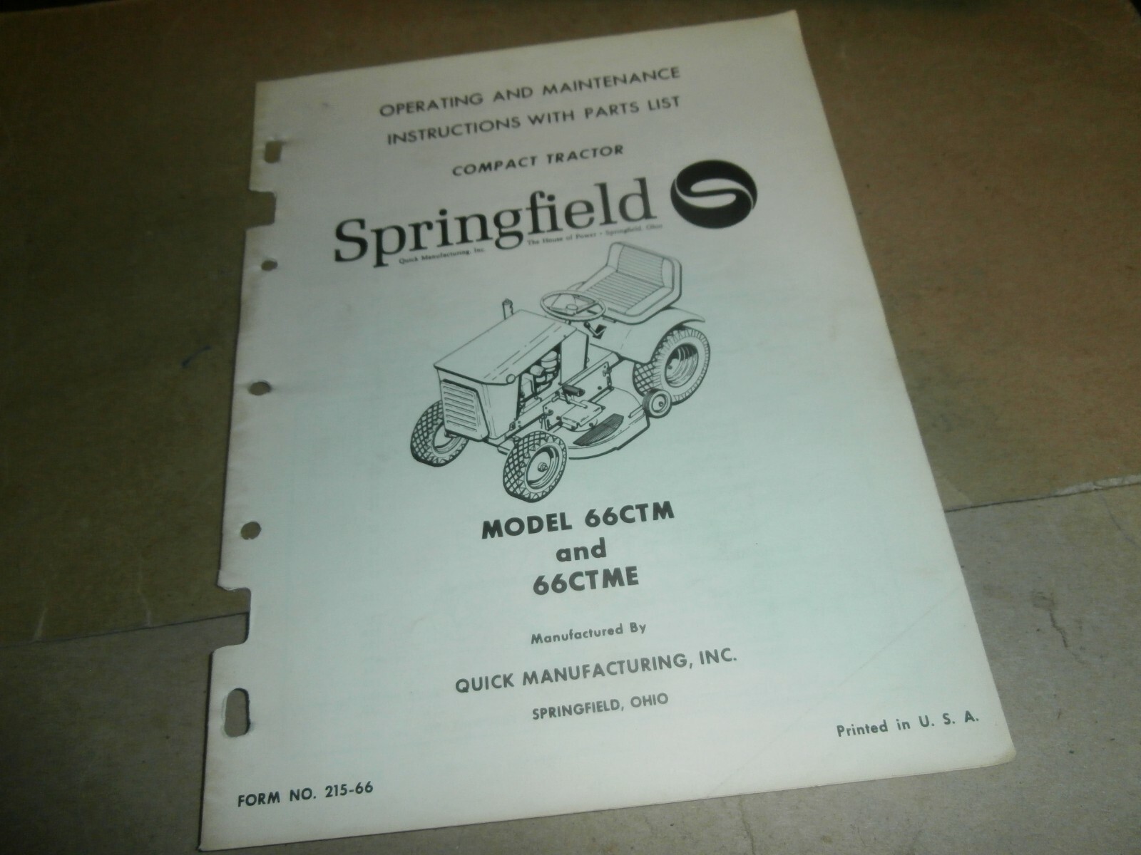 Springfield Compact Tractor 66CTM 66CTME Operating Maintenance Manual