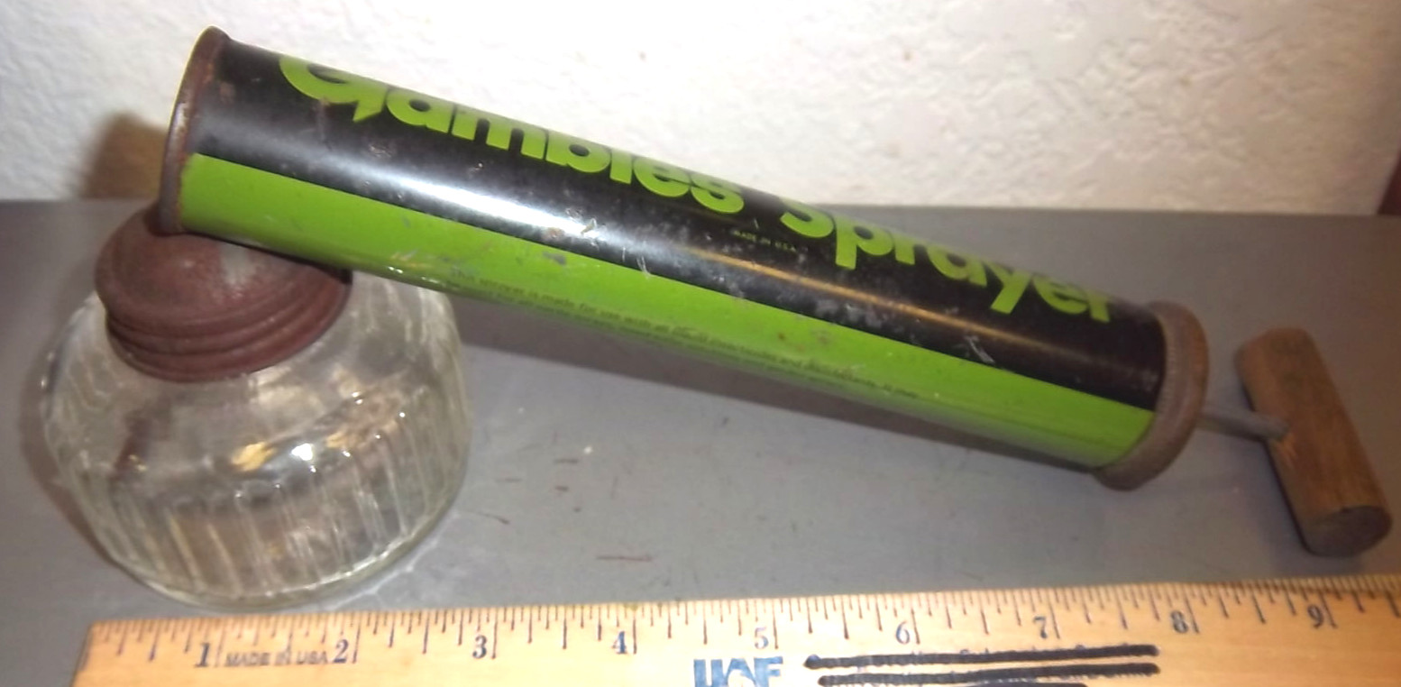 vintage GAMBLES sprayer, wood handle & glass container, great colors!!