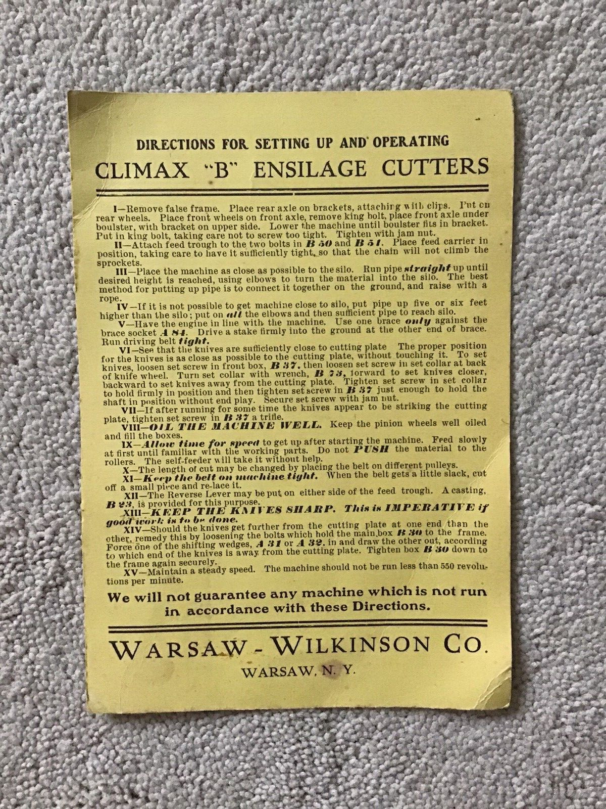 Vintage Cardboard Directions For Climax “B” Warsaw-Wilkinson Ensilage Cutters