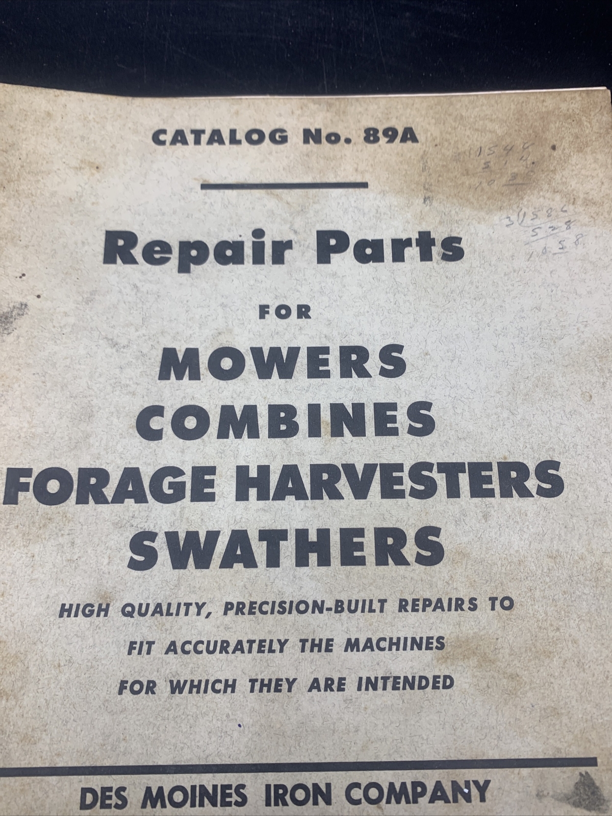 1959 Des Moines Iron Co Repair Parts Catalog Mowers/Combines/Swathers/Harvester