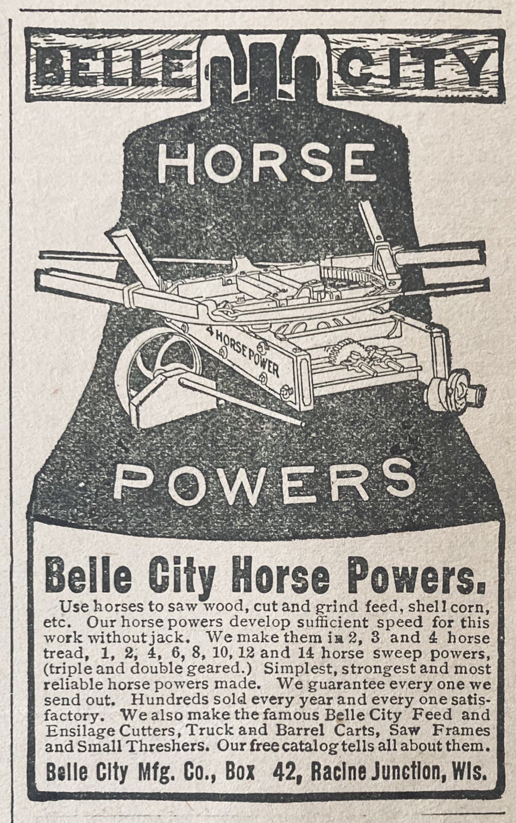 1904 AD.(XH29)~BELLE CITY MFG. CO. RACINE JCT. WIS. BELLE CITY HORSE POWERS