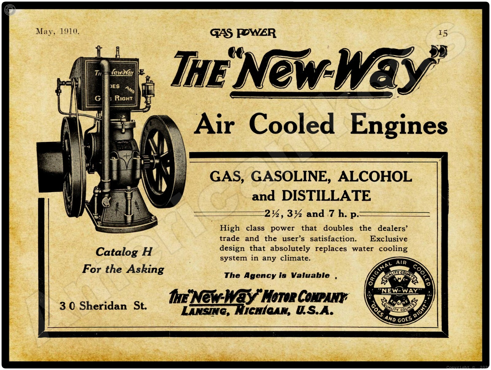 1910 New Way Motor Co. Air Cooled Gas Engines New Metal Sign: LARGE SIZE 12 x 16