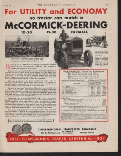 1931 MCCORMICK DEER FARMALL TRACTOR AGRICULTURE ELZA LAWSON STEWARD AD 10348