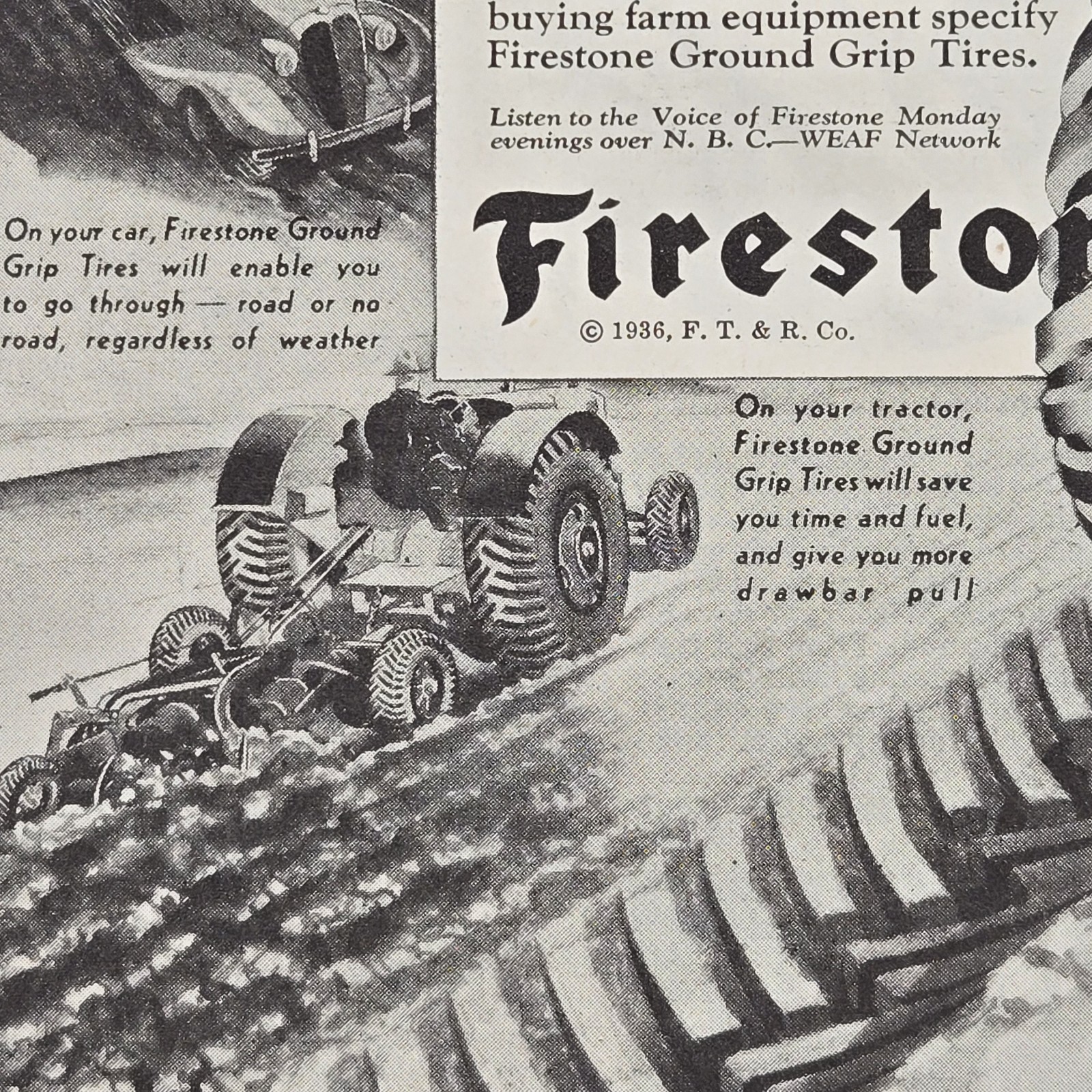 1936 Firestone Ground Grip Tires Hunting Farming Mudding Print Ad 8 x 11.5″