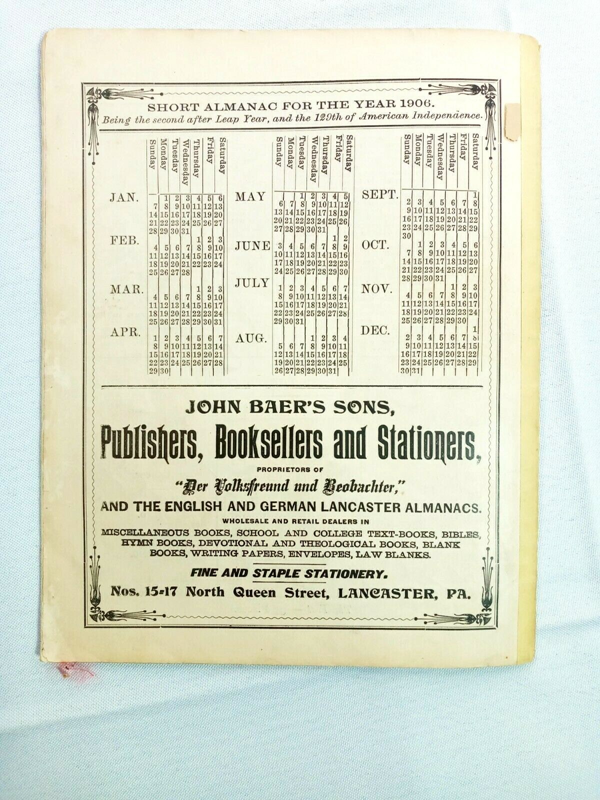 Vintage 1906 John Bear Baer’s Agricultural Almanac Lancaster, PA Antique Farmers