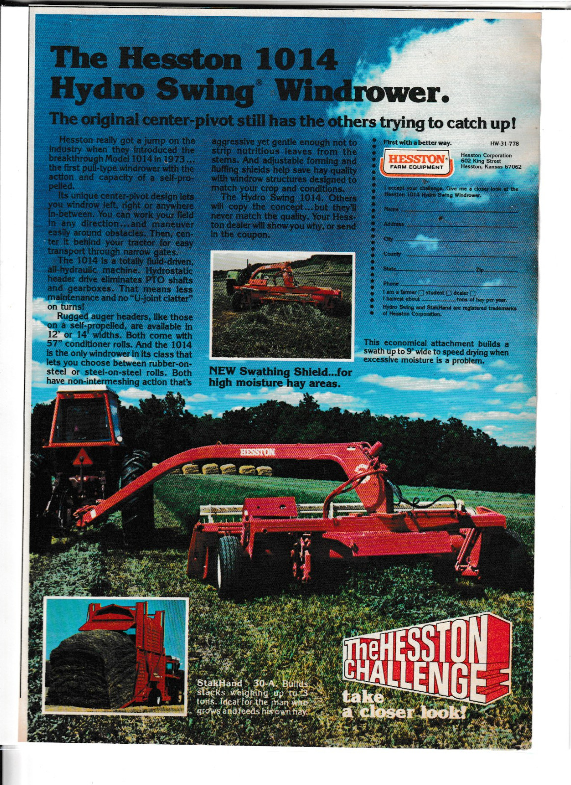 Original 1979 Hesston 1014 Hydro Swing Windrower Magazine Ad