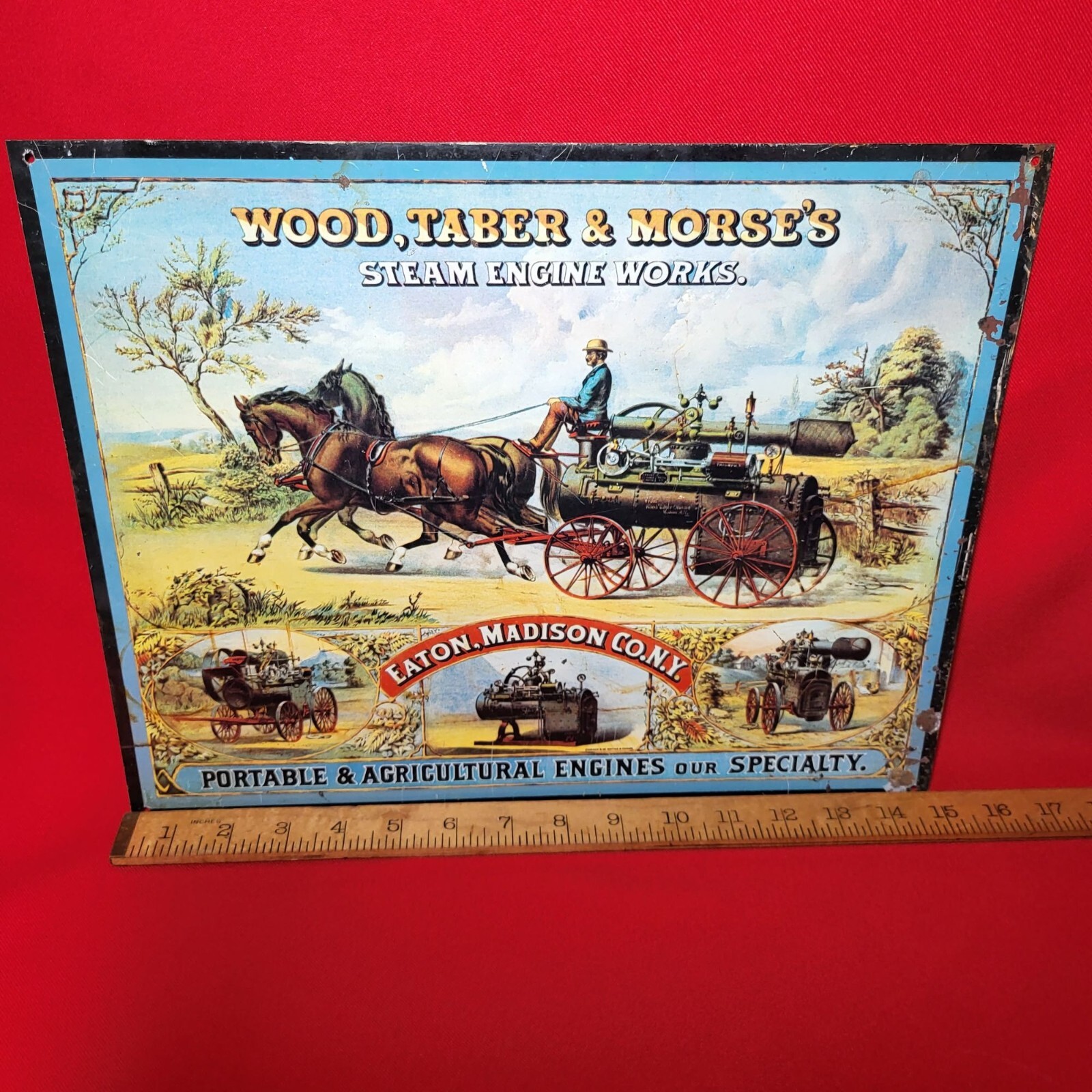 Vintage Repro Wood Taber & Morse’s Steam Engine Works Tin Sign Advertising