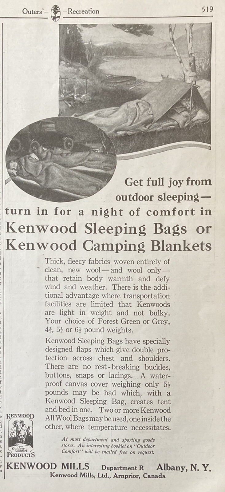 1921 AD.(XG16)~KENWOOD MILLS, ALBANY, NY. KENWOOD SLEEPING BAGS AND BLANKETS