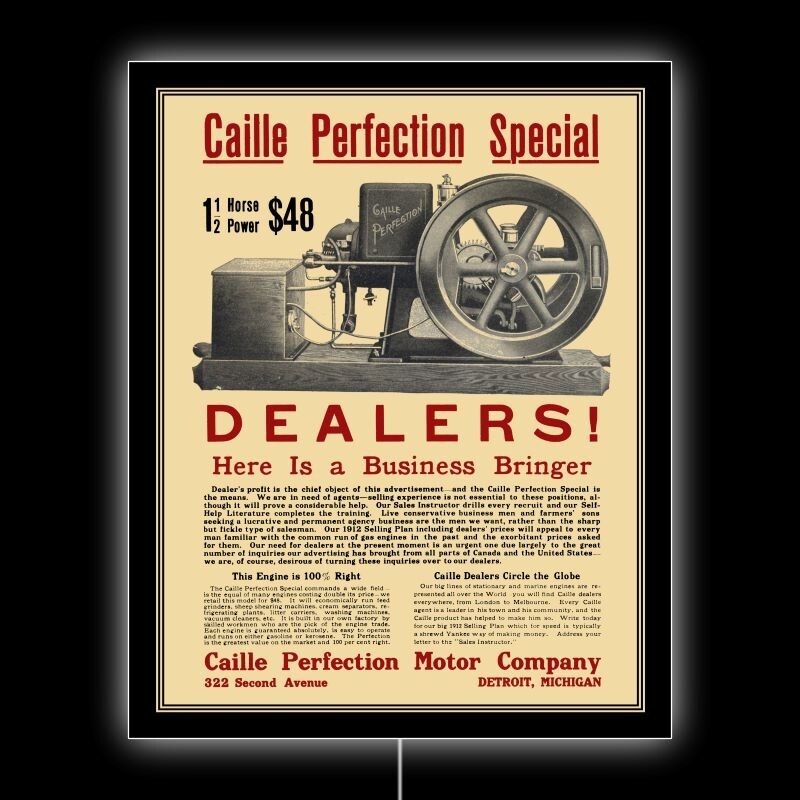 1912 Caille Perfection Motor of Detroit, MI NEW LED Hanging Lighted Sign: 18×23″