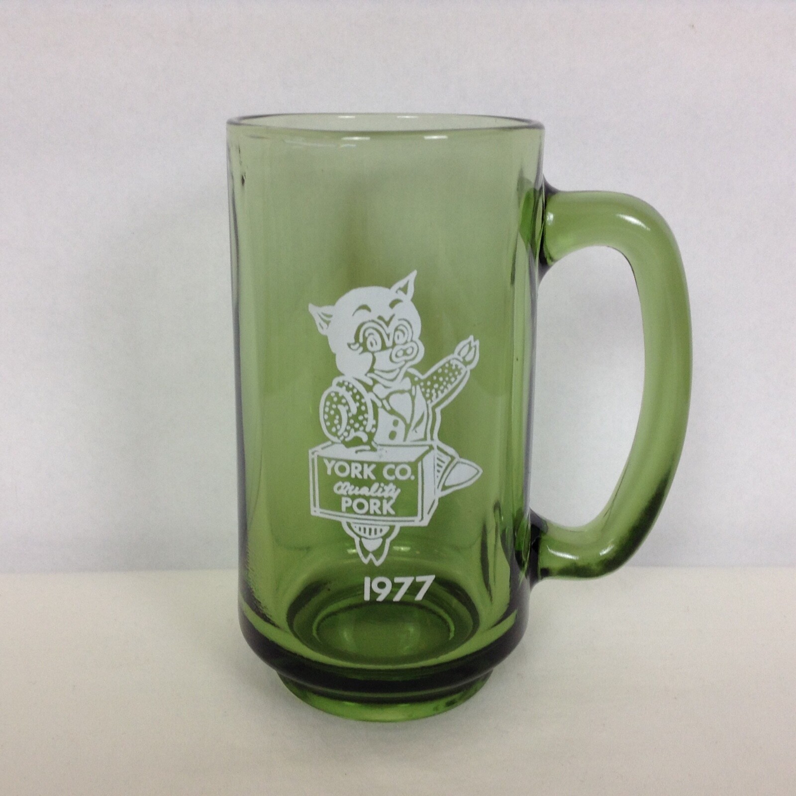Vintage 1977 York Co Quality Pork PIG in a Suit Green Glass York Pennsylvania