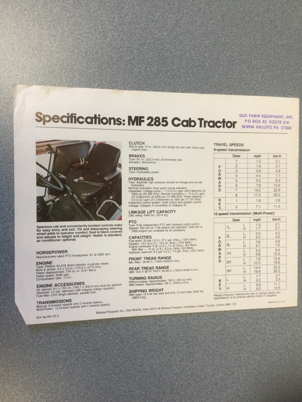 Massey Ferguson MF 285 Cab Tractor Single Sheet