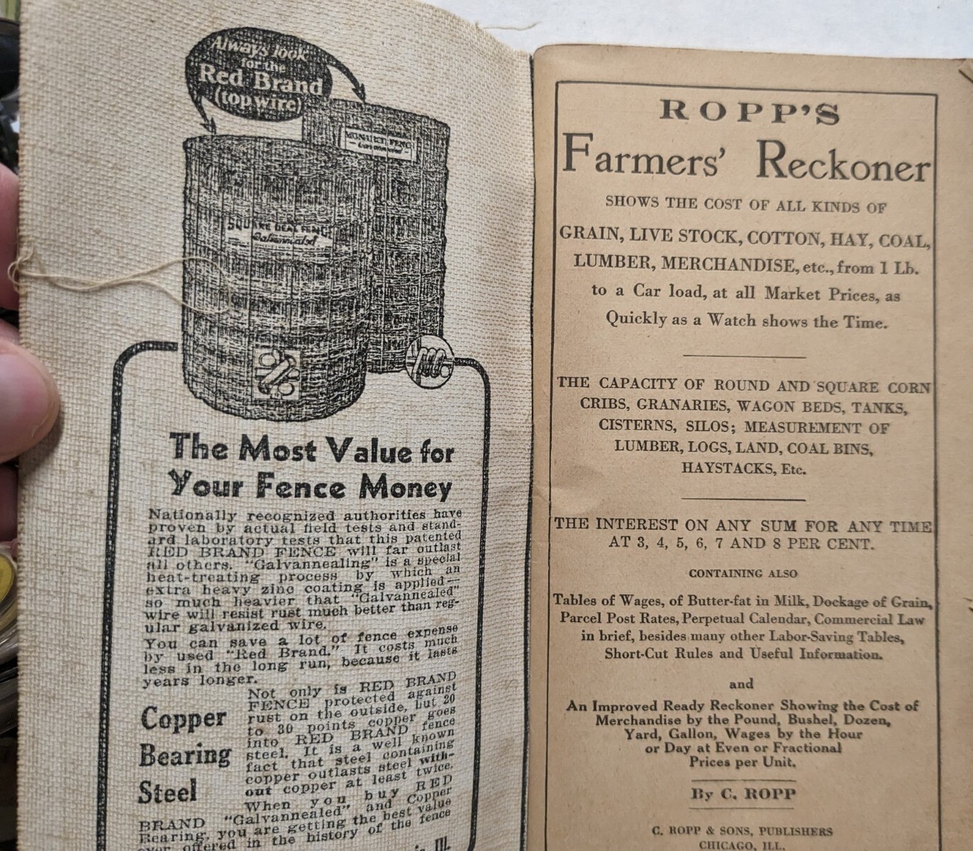 1919 Ropp’s New Calculator Farmers Reckoner Pocket Booklet Red Brand Fence Ads