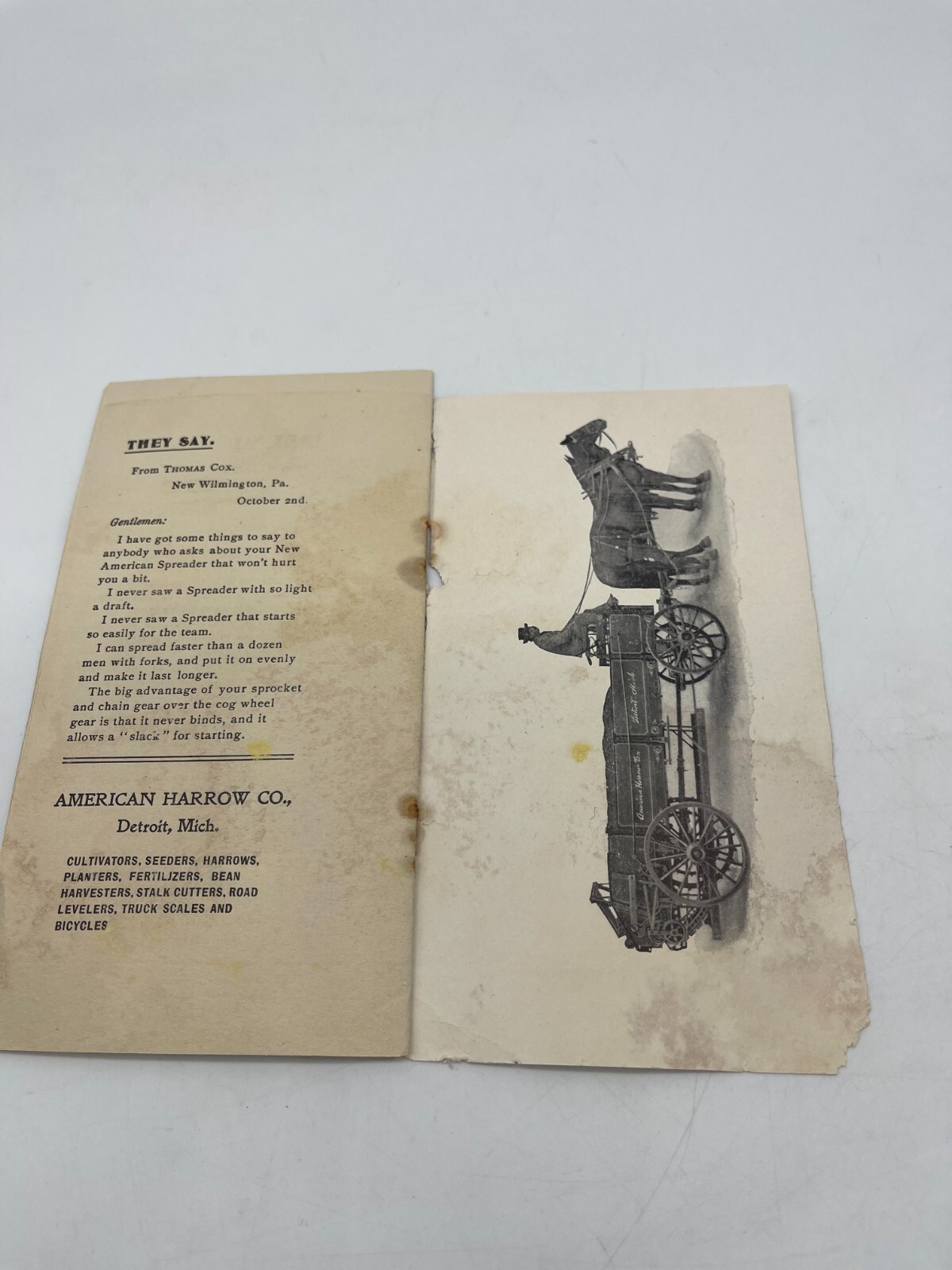 1800’s American Harrow Company Detroit Agriculture Ad Pamphlet Manure Spreader