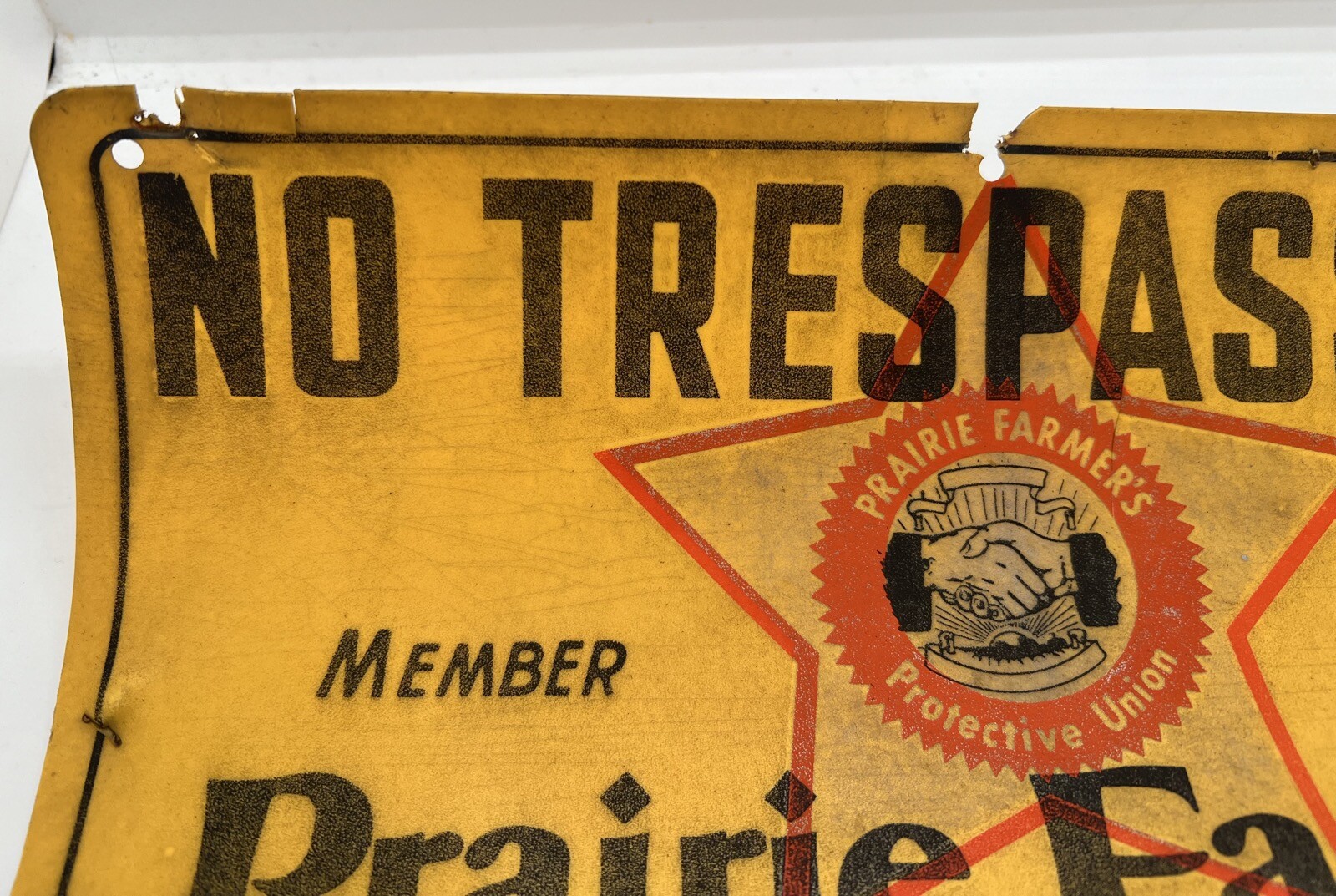 Vintage “NO TRESPASSING” Sign – PRAIRIE FARMER PROTECTIVE UNION 12″x8″ Plastic
