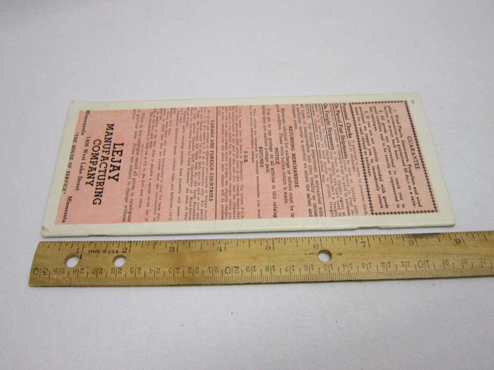 LEJAY Wind Electric Equipment Catalog Brochure Ad Vtg Old Farm Mill Tool Paper