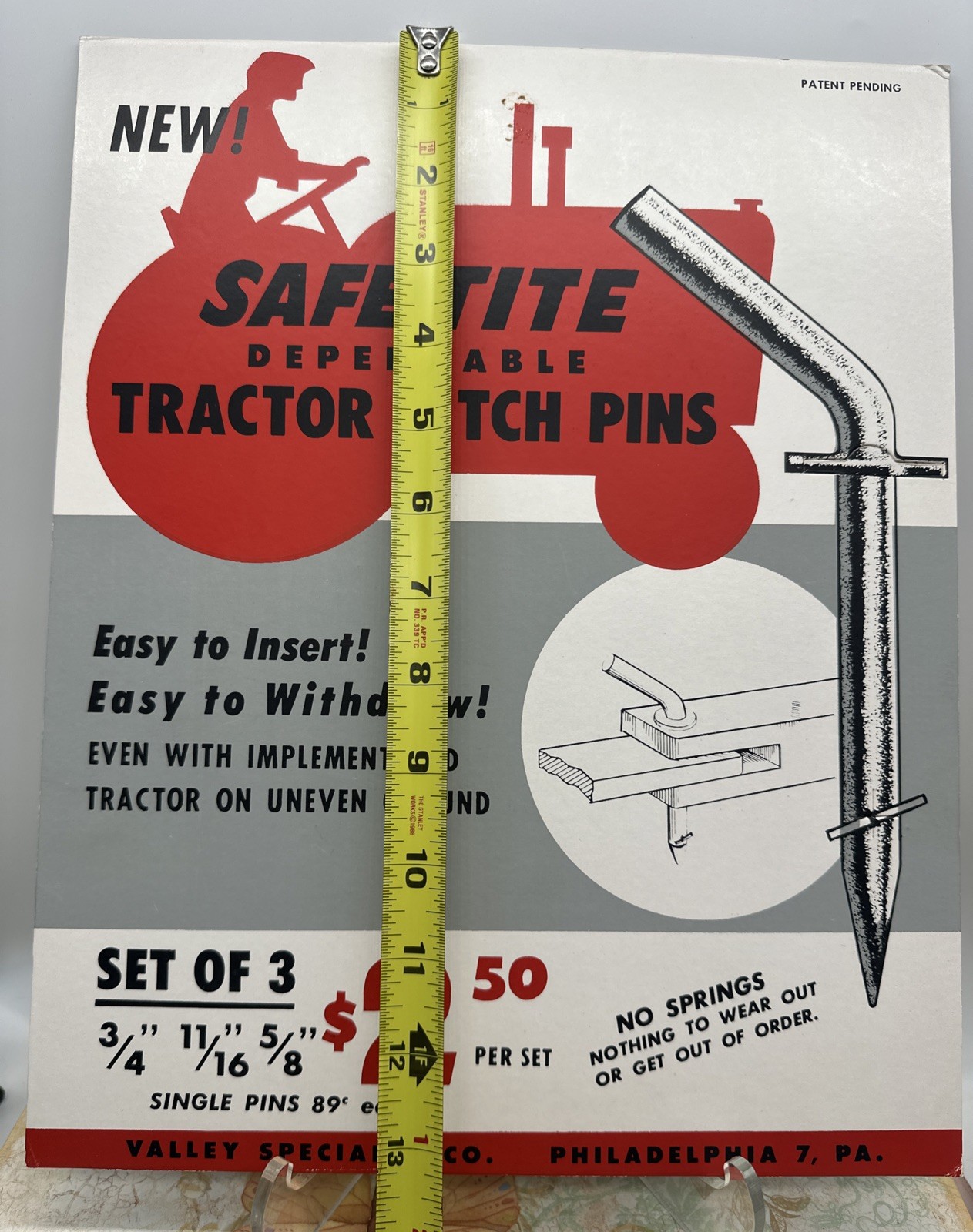 Vintage 1950s Safe-Tite Tractor Hitch Pins Counter Display Sign Farm Gas Oil PA