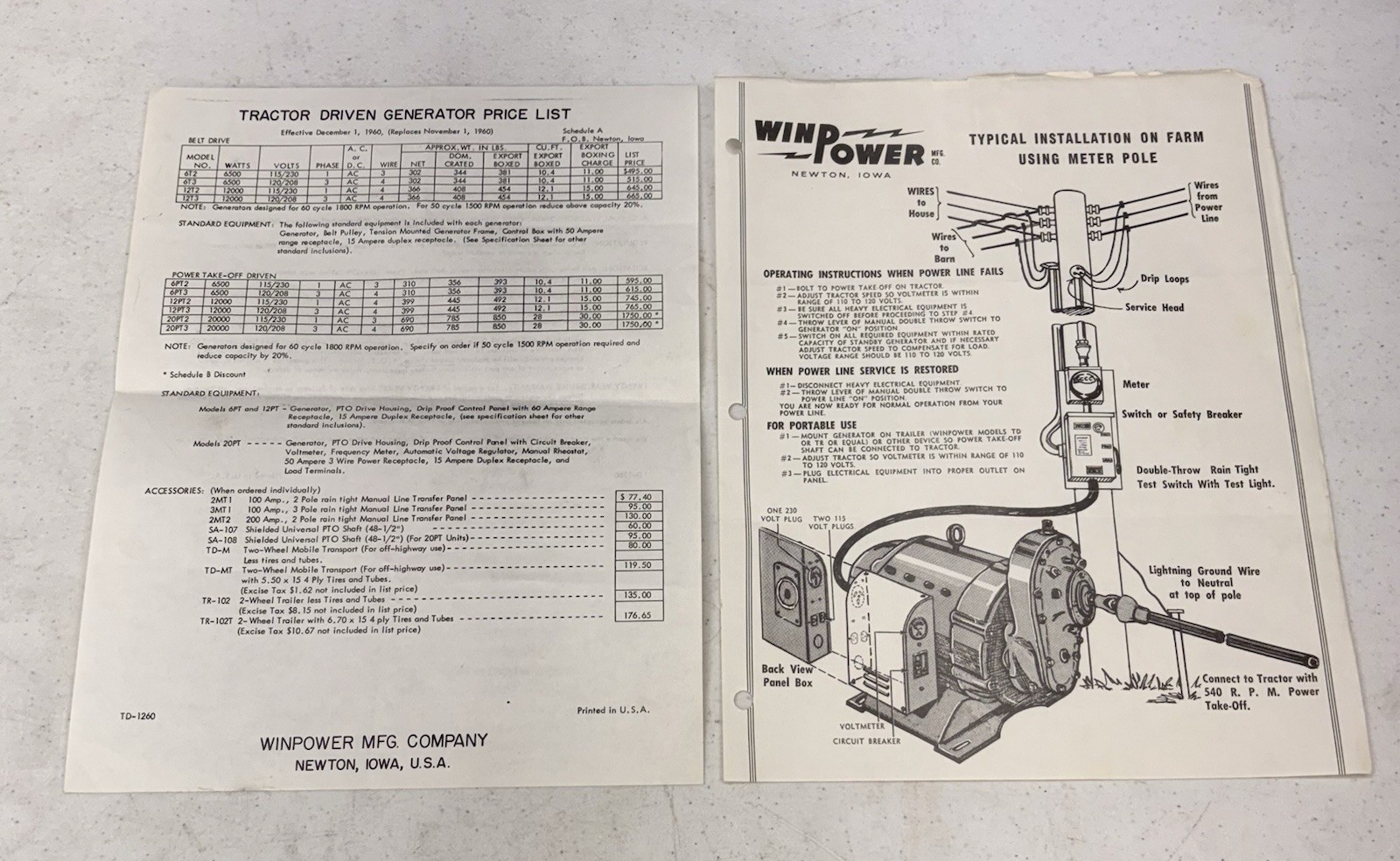 Vintage 1960’s WinPower Tractor Driven Generator Manual & Brochure, Newton Iowa