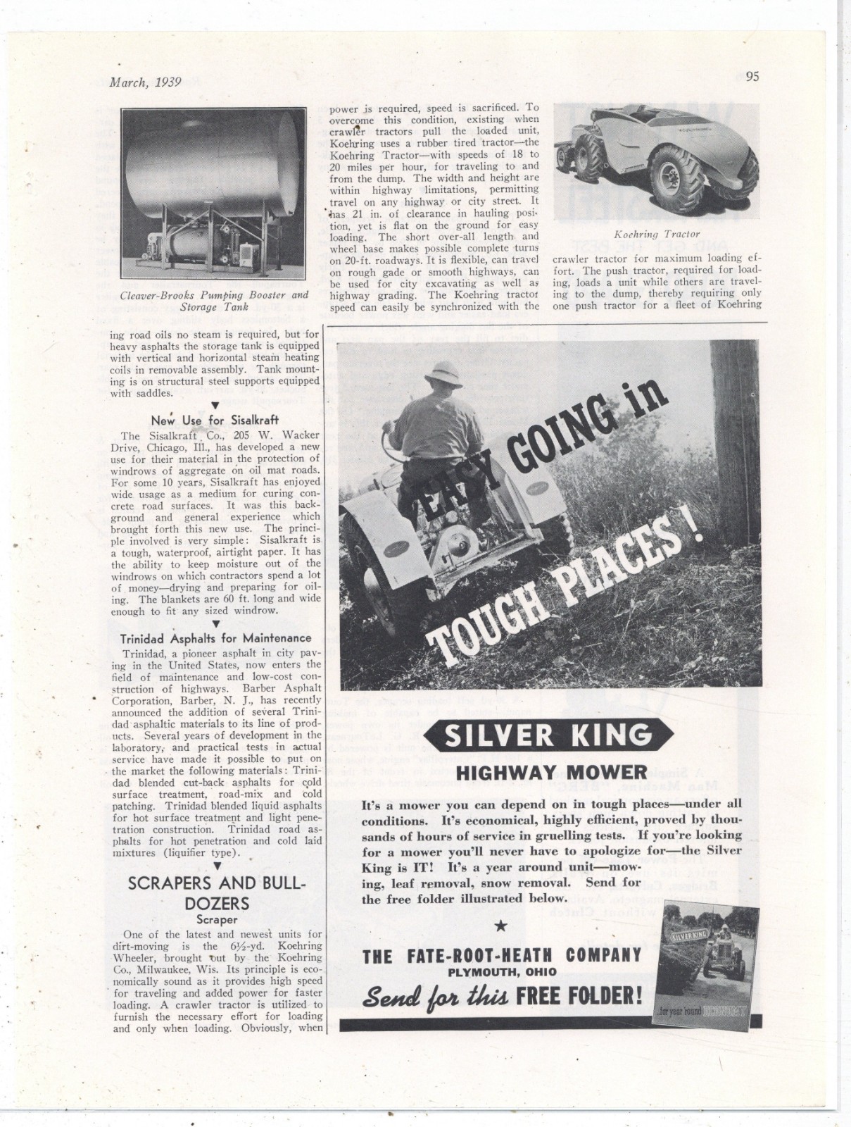 1939 Fate Root Heath Co. of Plymouth, OhiO Ad: Silver King Tractor Highway Mower