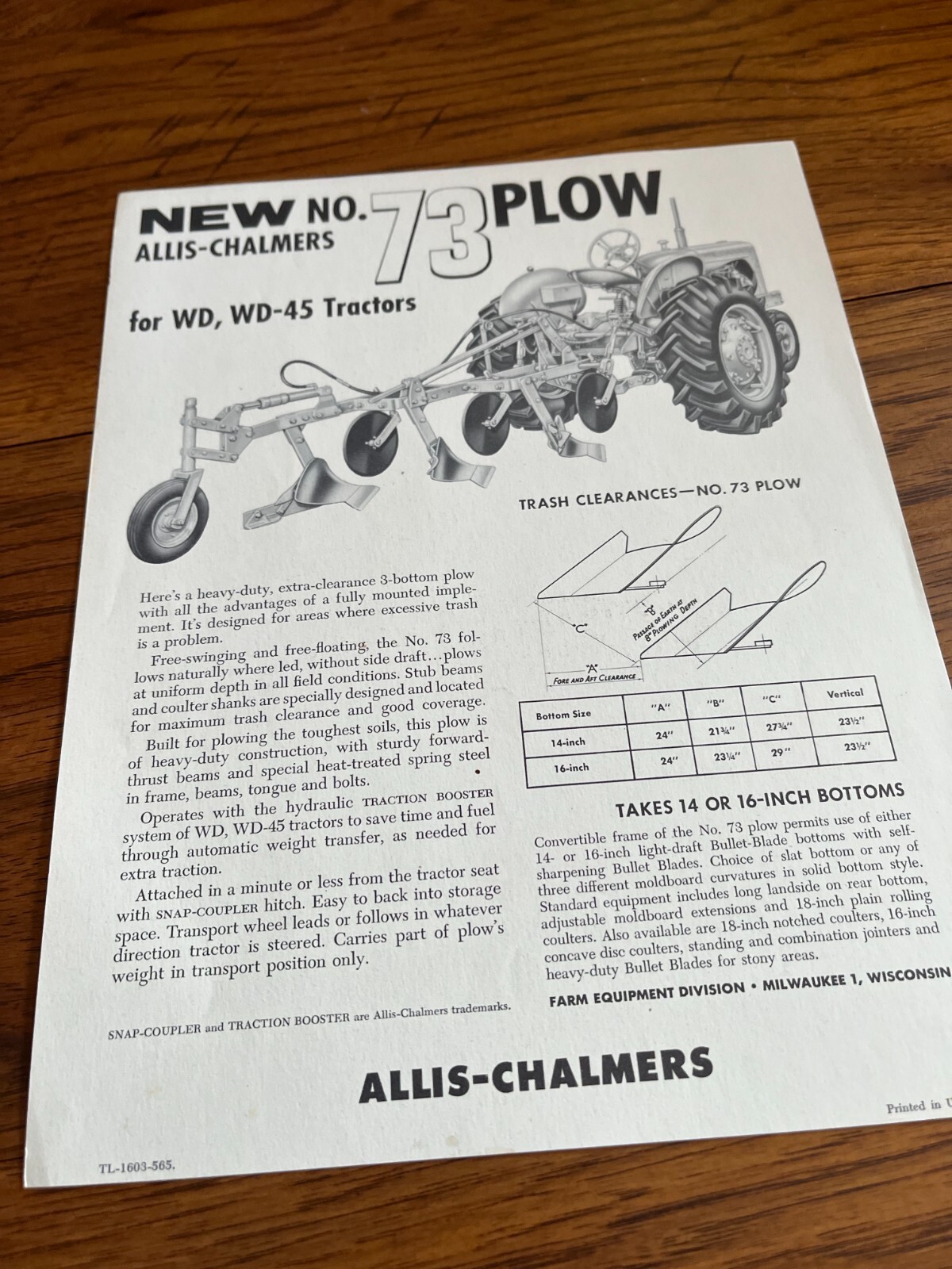 Allis Chalmers 73 Plow For 1956 Brochure DCPA18
