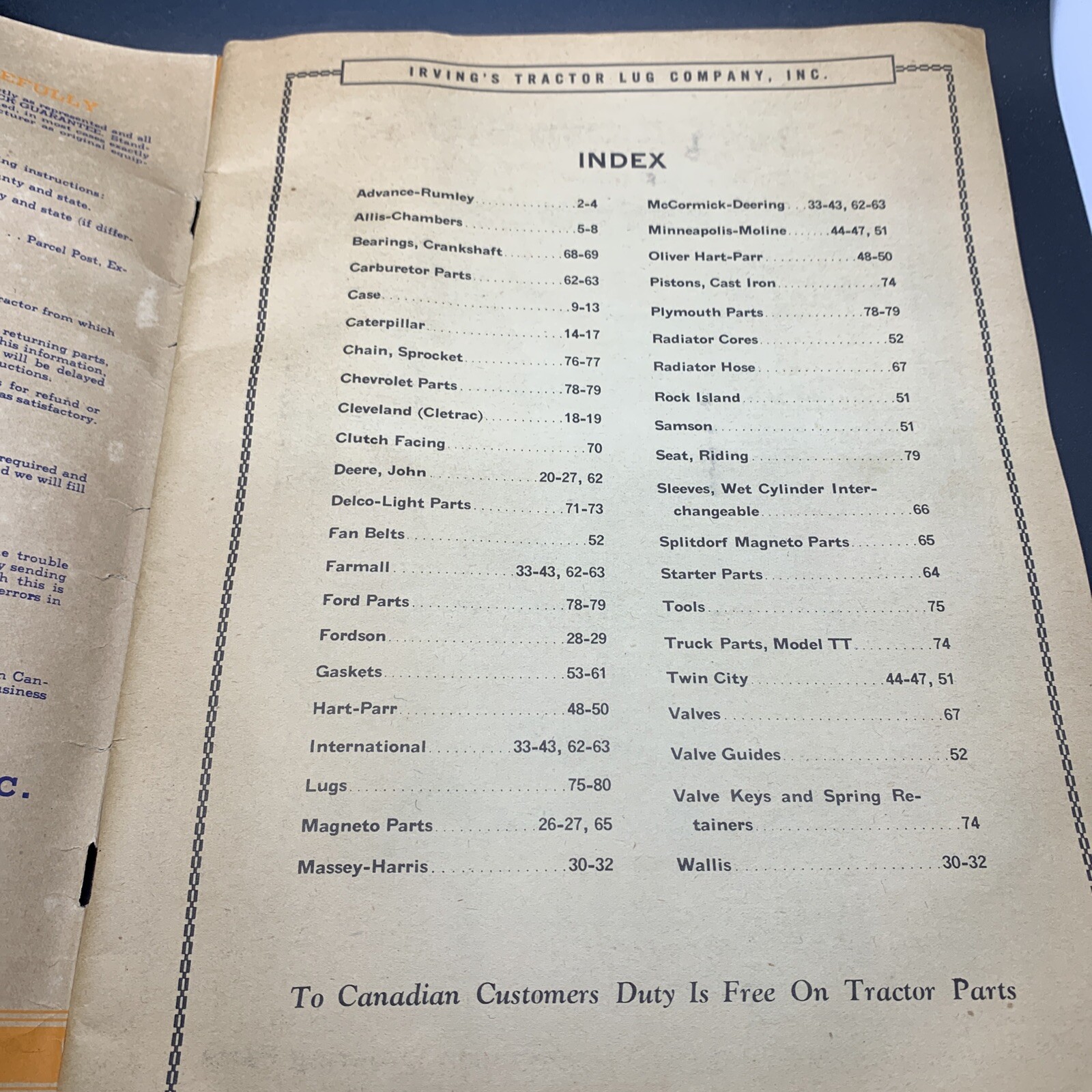 VINTAGE 1937 TRACTOR PARTS CATALOG IRVING’S TRACTORS LUG CO., GALESBURG IL Deere