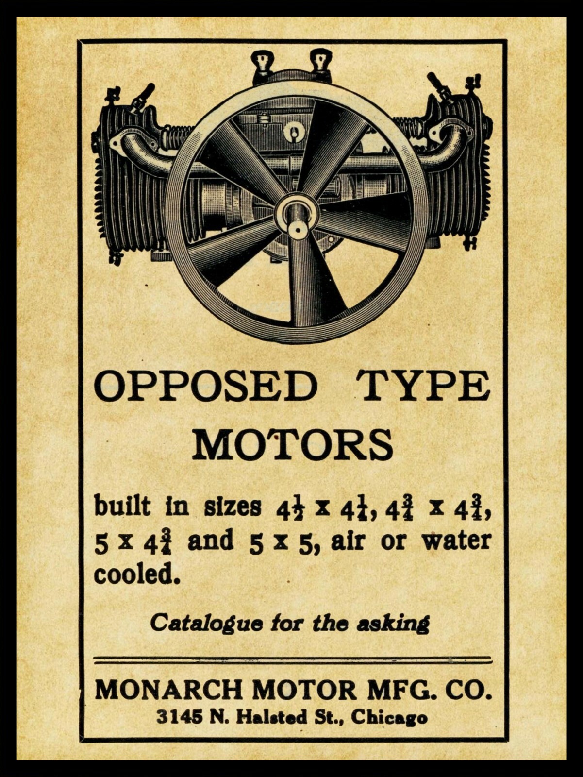 1910 Monarch Mfg. Co. NEW Metal Sign: Opposed Type Motors – Chicago, Illinois