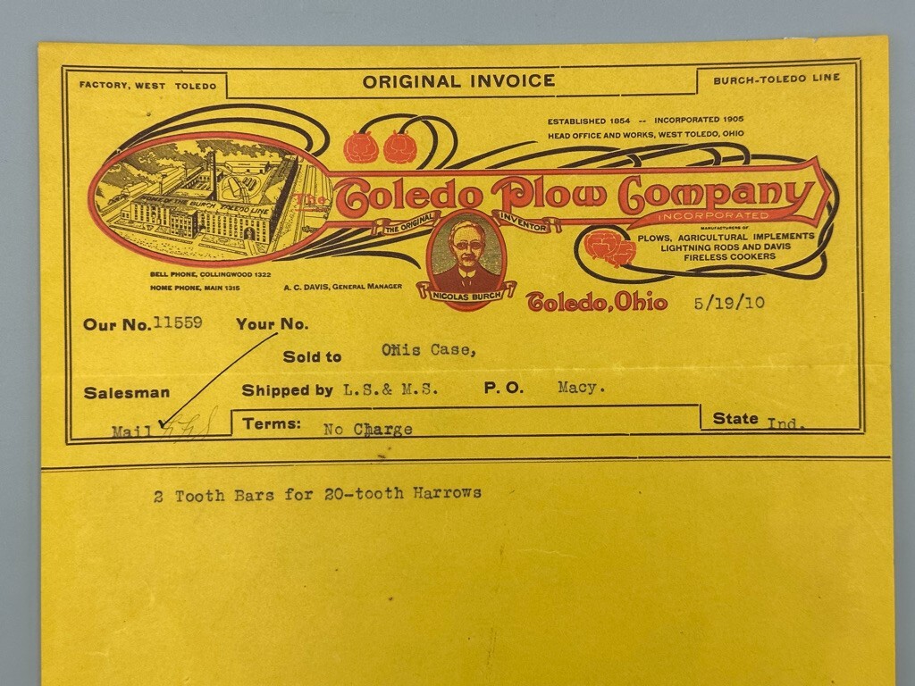 1890 & 1910 TOLEDO PLOW Ohio FARM Advertising Invoice
