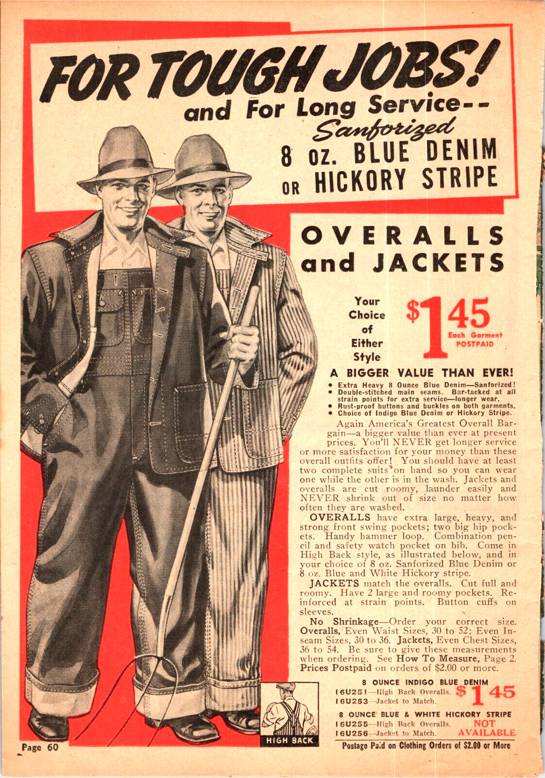 1943 Print Ad Sanforized OVERALLS & JACKETS 9.5″ x 6.5″ Jim Brown product
