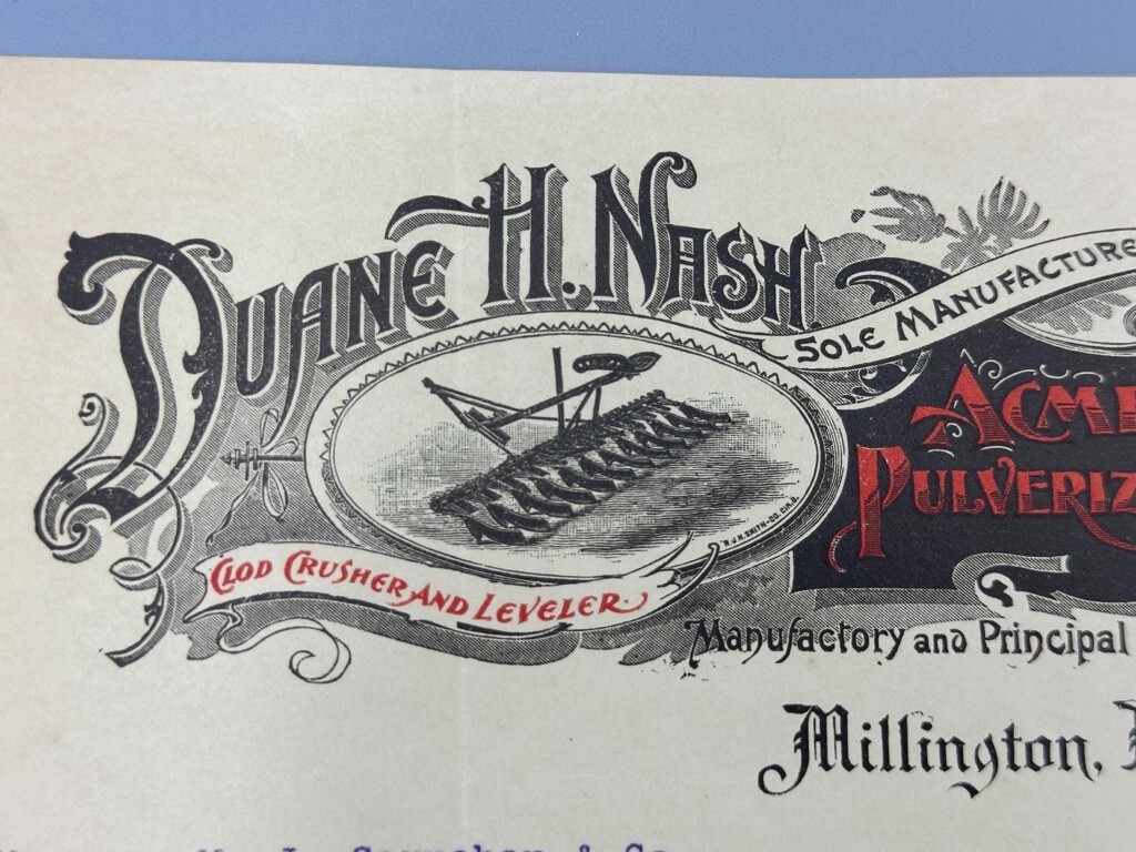 1906 ACME HARROW Duane Nash MILLINGTON NJ Farm Advertising Illustrated Letter