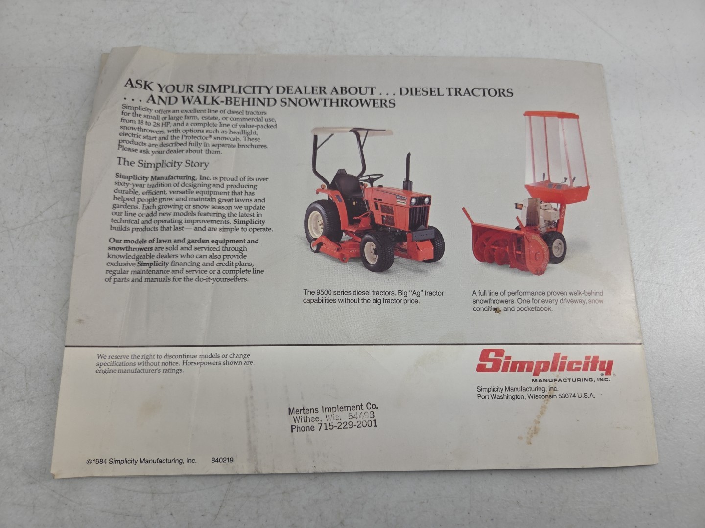 Vintage 1984 Simplicity Sales Brochure Garden Lawn Tractors Riding Mowers 840219