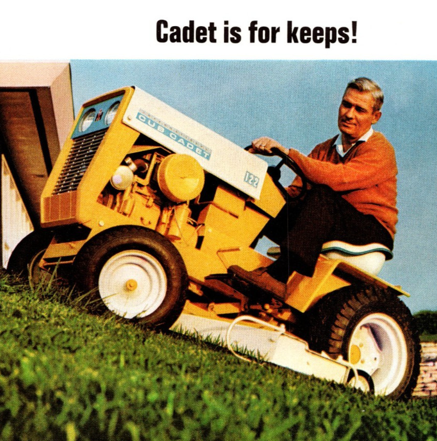 1966 International Harvester 12 HP Cub Cadet mowing uphill 6.5 x 10″ Print Ad