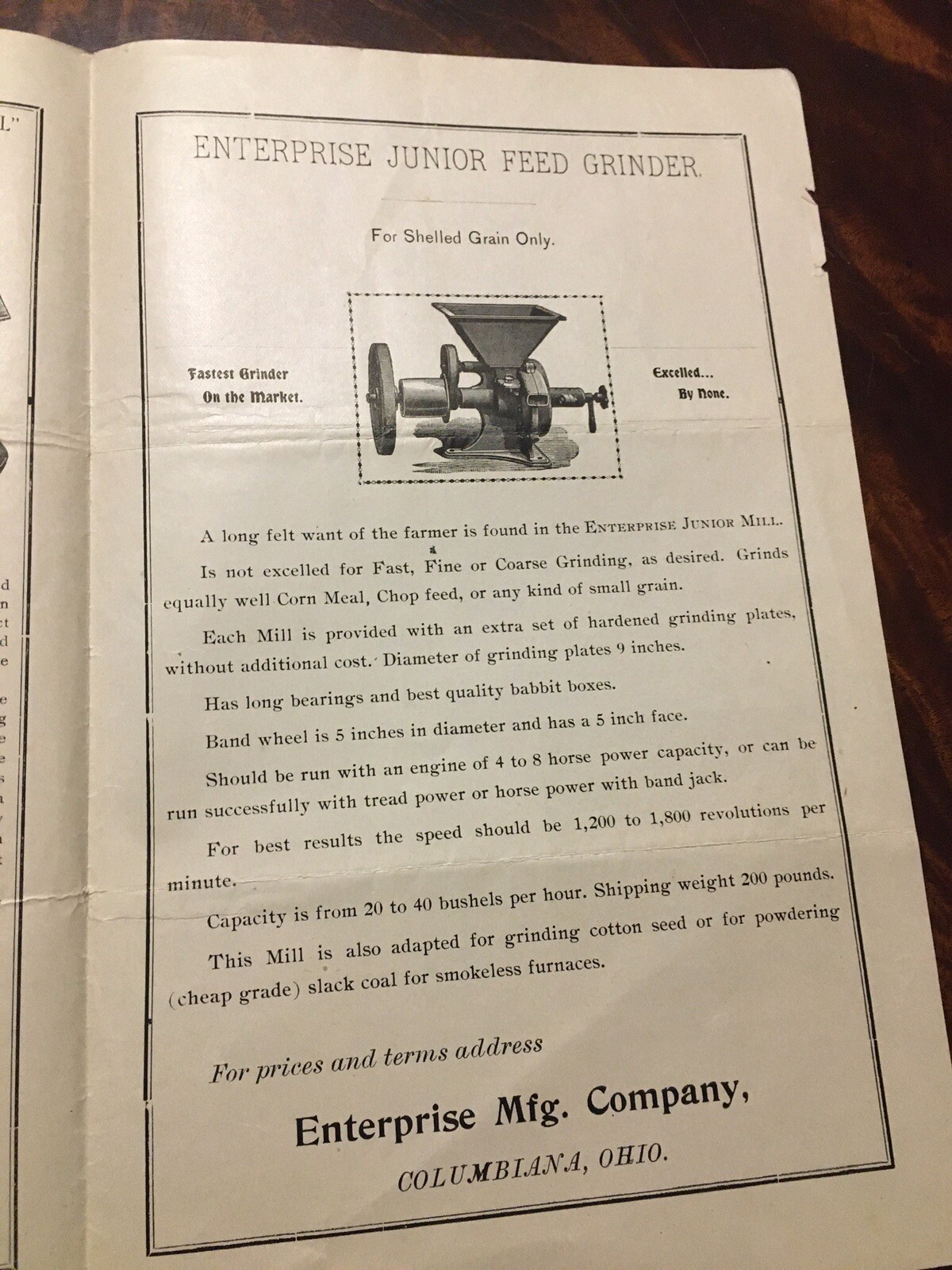 1800s? Enterprise Young America Horse Sweep Grinder Brochure Columbiana Ohio