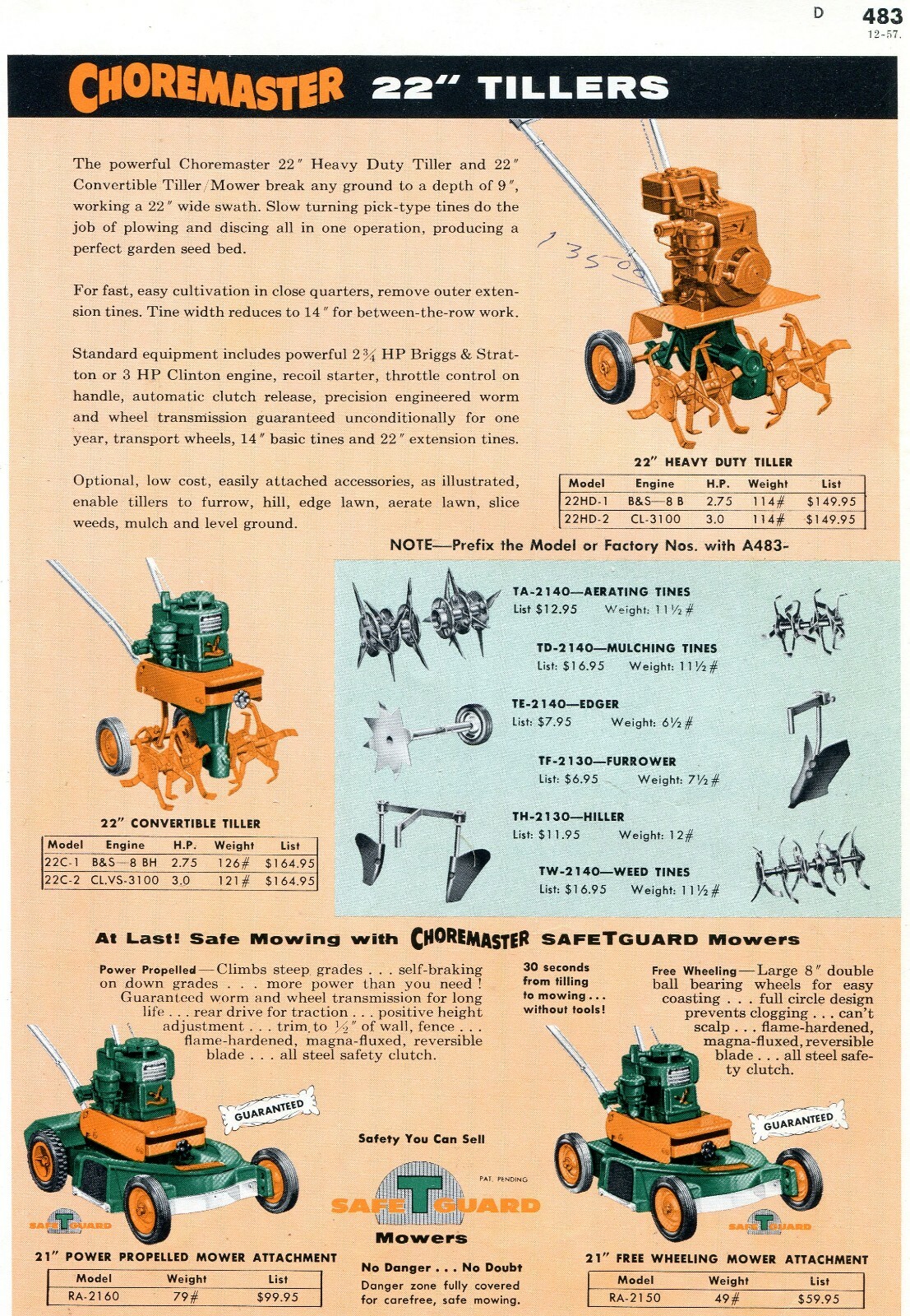 1958 Print Ad Choremaster Town & Country, Heavy Duty & Convertible Tiller/Mower
