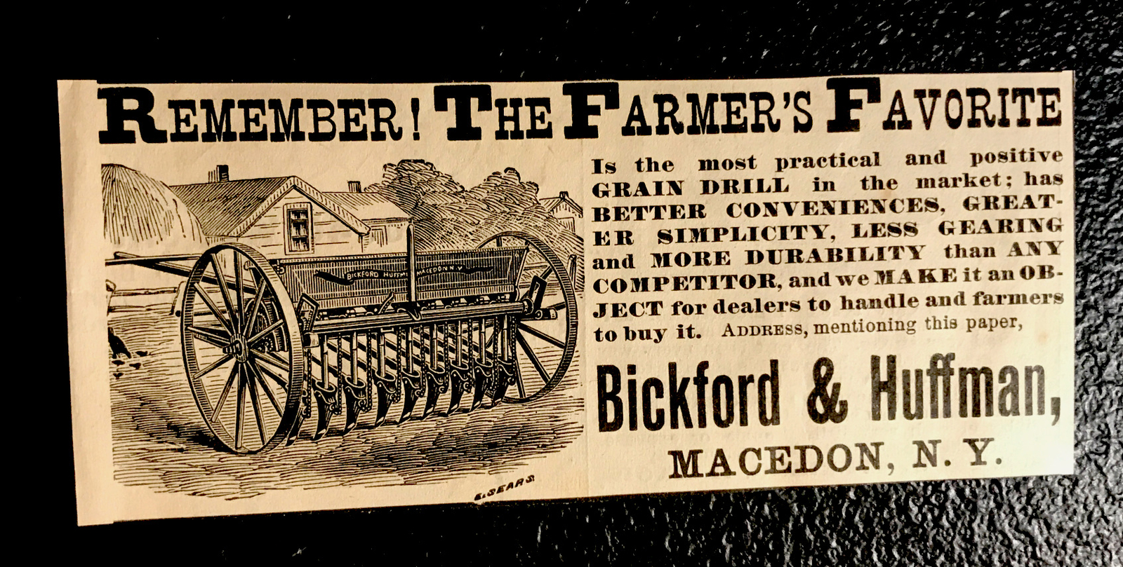 1886 Bickford & Huffman Farm Engraving Advertising – Macedon – New York