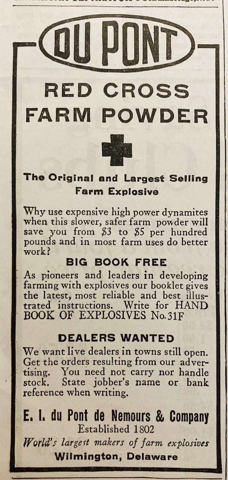 1916 AD.(XH72)~E.I. DU PONT CO. WILMINGTON, DEL. DU PONT RED CROSS FARM POWDER