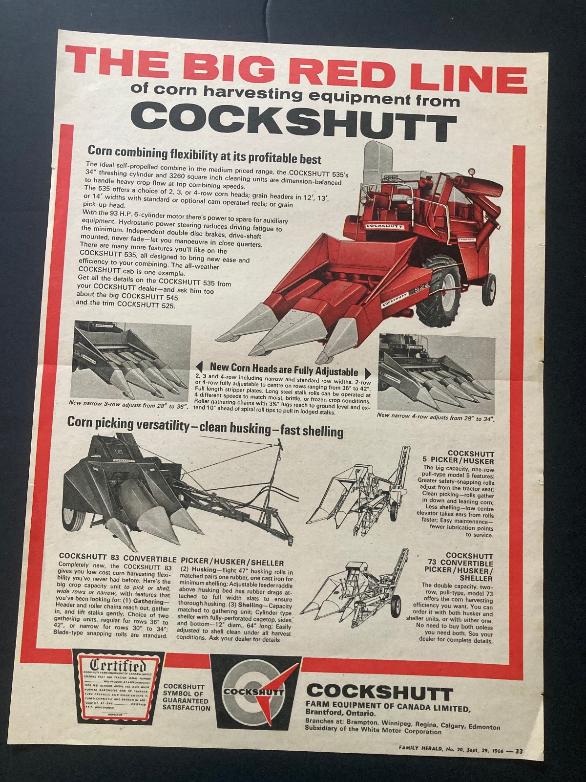 1966 CANADIAN COCKSHUTT TRACTOR AD CANADA MODEL 535 RED LINE CORN HARVESTER