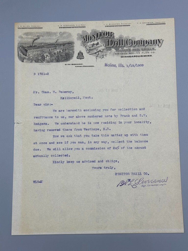 1909 MONITOR DRILL Co FARM ADVERTISING Illustrate Letter Antique MOLINE Illinois