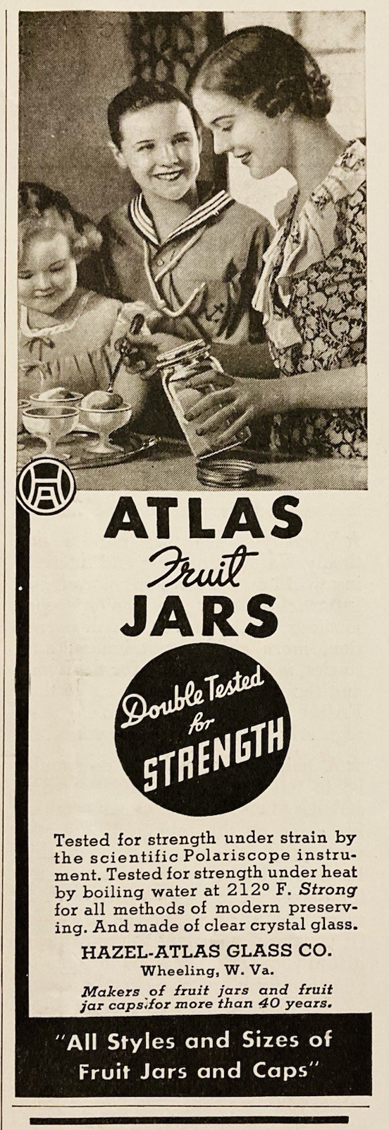1936 AD.(XH84)~HAZEL-ATLAS GLASS CO. WHEELING, W. VA. ATLAS FRUIT JARS