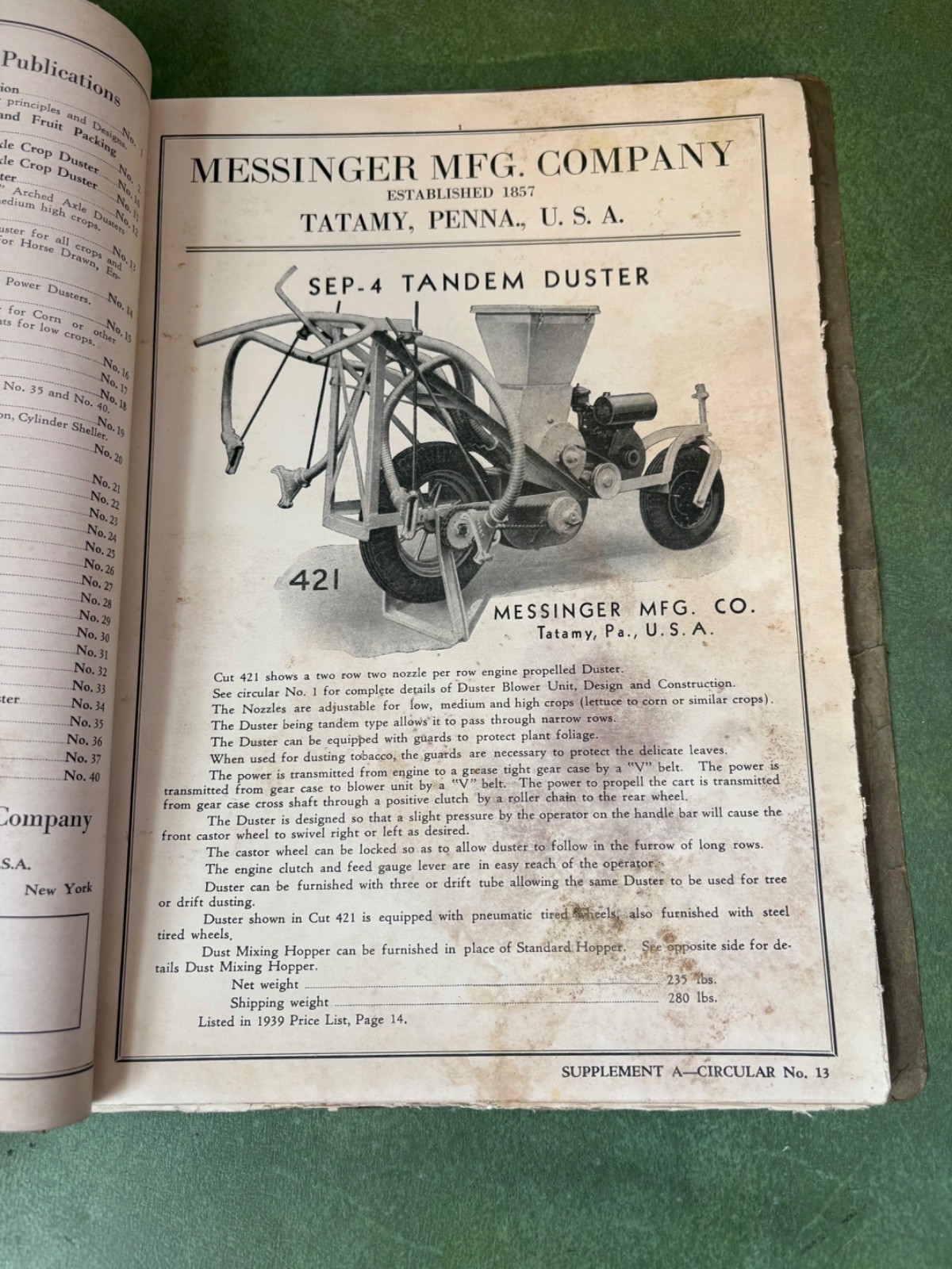 1939 Messinger Farm Machinery Manufacturing Dealer Sales Catalog Tatamy,Pa