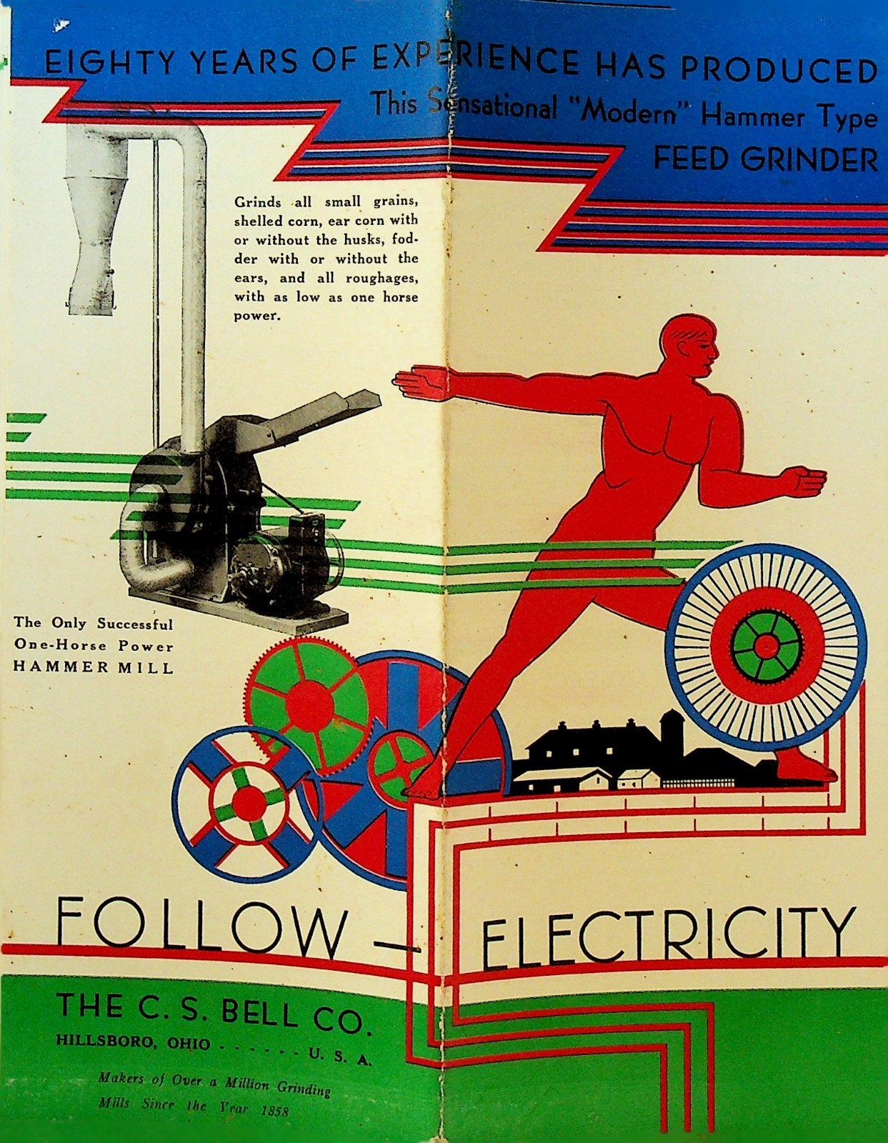 CS Bell Co 1938 Brochure Hillsboro Ohio Follow Electricity Art Deco Feed Grinder