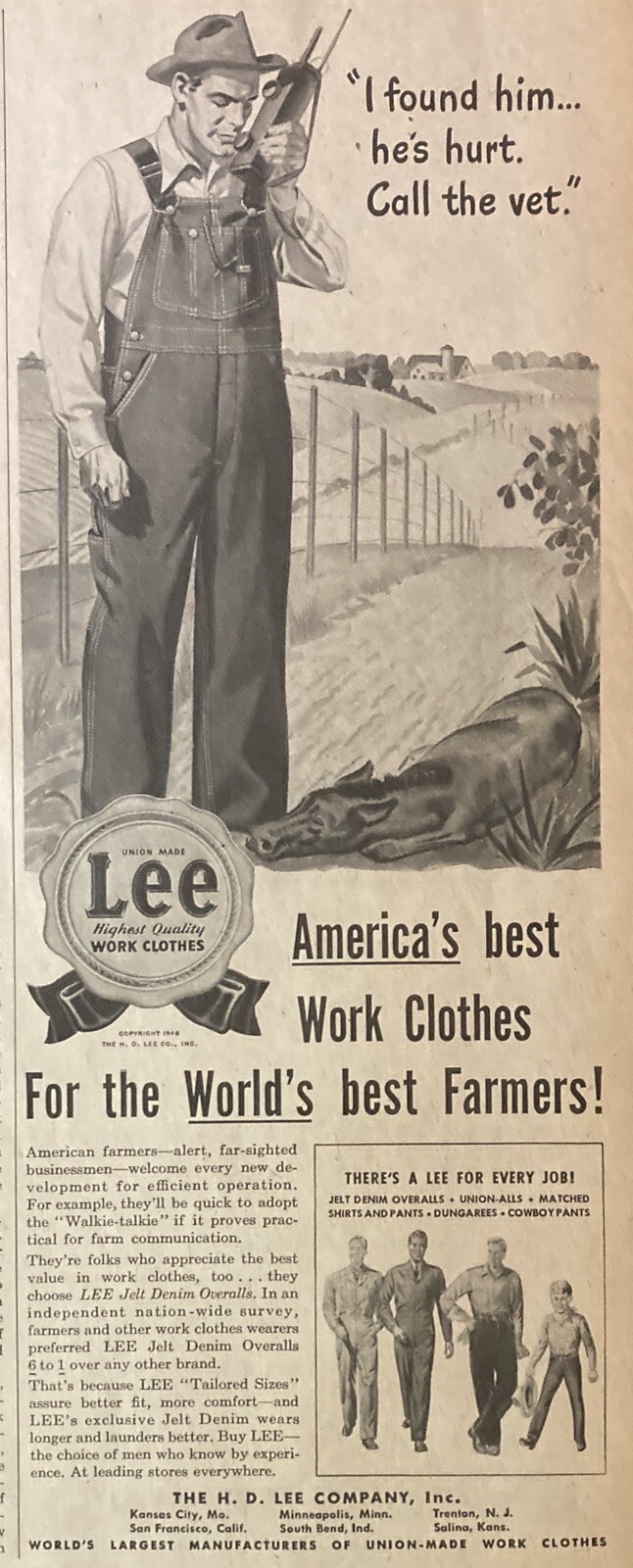 1946 AD.(XF17)~H.D. LEE CO. ST.LOUIS, MI. UNION-MADE FARMERS JELT-DENIM OVERALLS