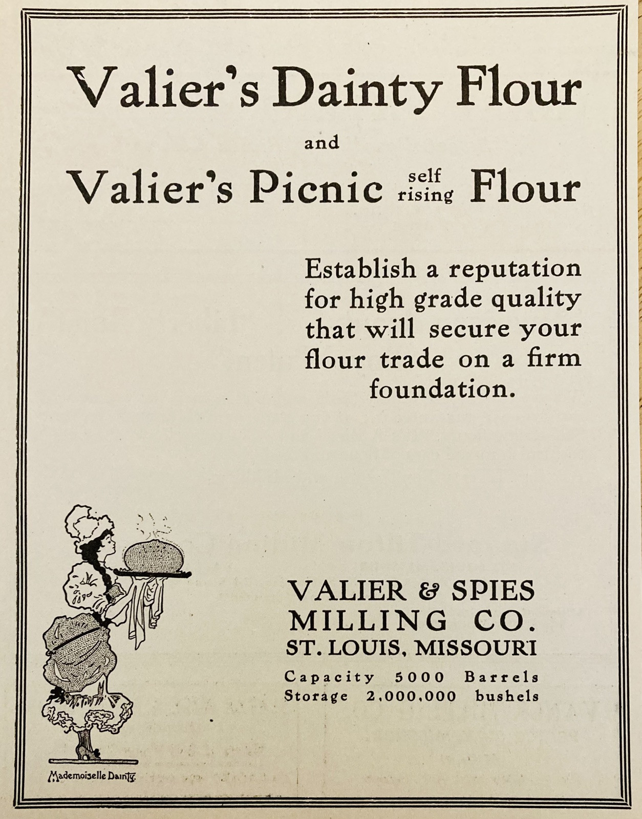 1919 AD.(PC1)~VALIER & SPIES MILLING CO. ST. LOUIS. “DAINTY” & “PICNIC” FLOUR
