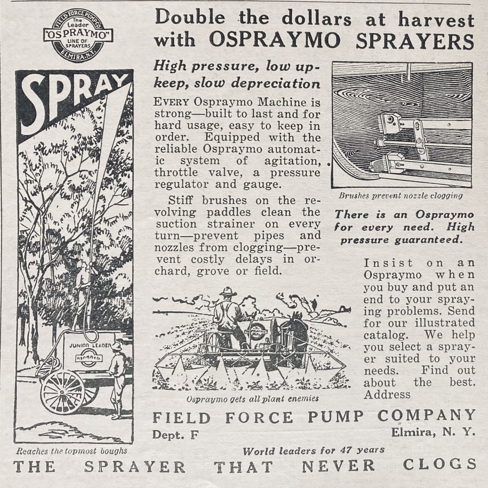 1928 AD.(XH40)~FIELD FORCE PUMP CO. ELMIRA, NY. OSPRAYMO ORCHARD SPRAYERS