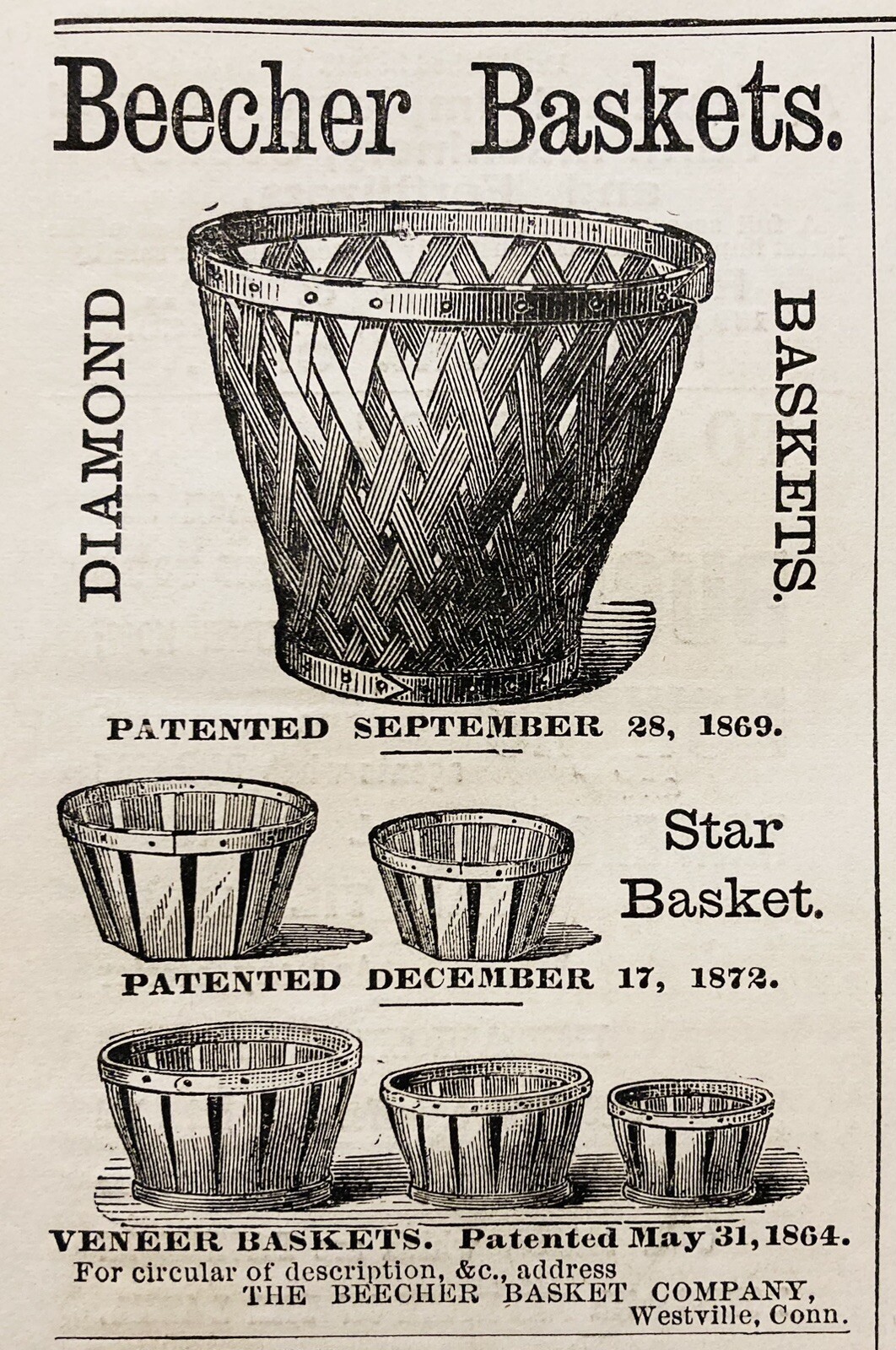 1876 AD.(XH70)~THE BEECHER BASKET CO. WESTVILLE, CONN. BEECHER FRUIT BASKETS