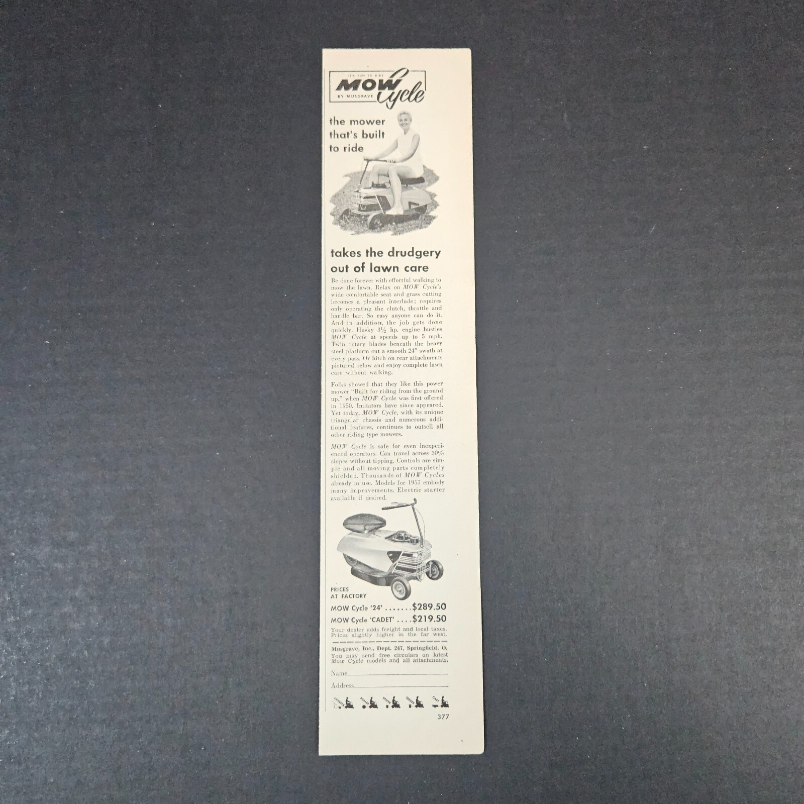1957 Musgrave Mow Cycle Mower Vintage Print Ad Springfield OH Cadet Happy Lady
