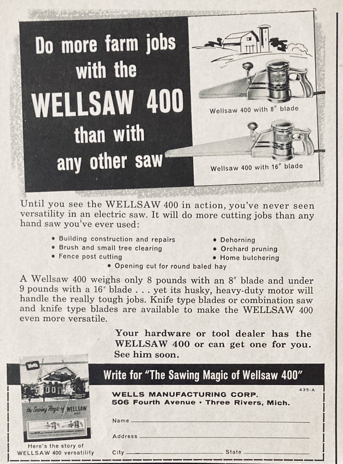 1964 AD.(XH38)~WELLS MFG. CO. THREE RIVERS, MI. WELLSAW 400 SAW